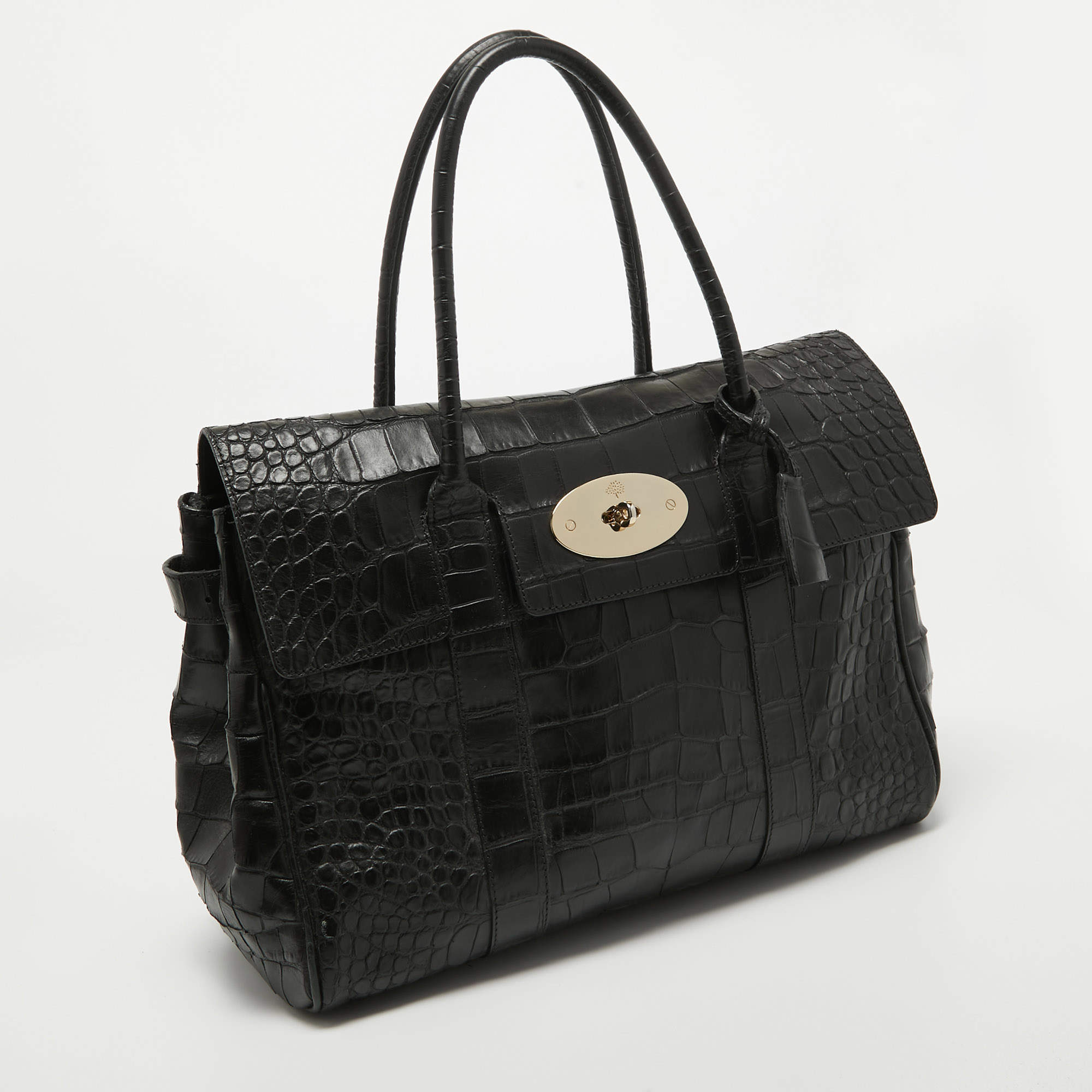Pre Owned Mulberry Black Croc Embossed Leather Bayswater Satchel