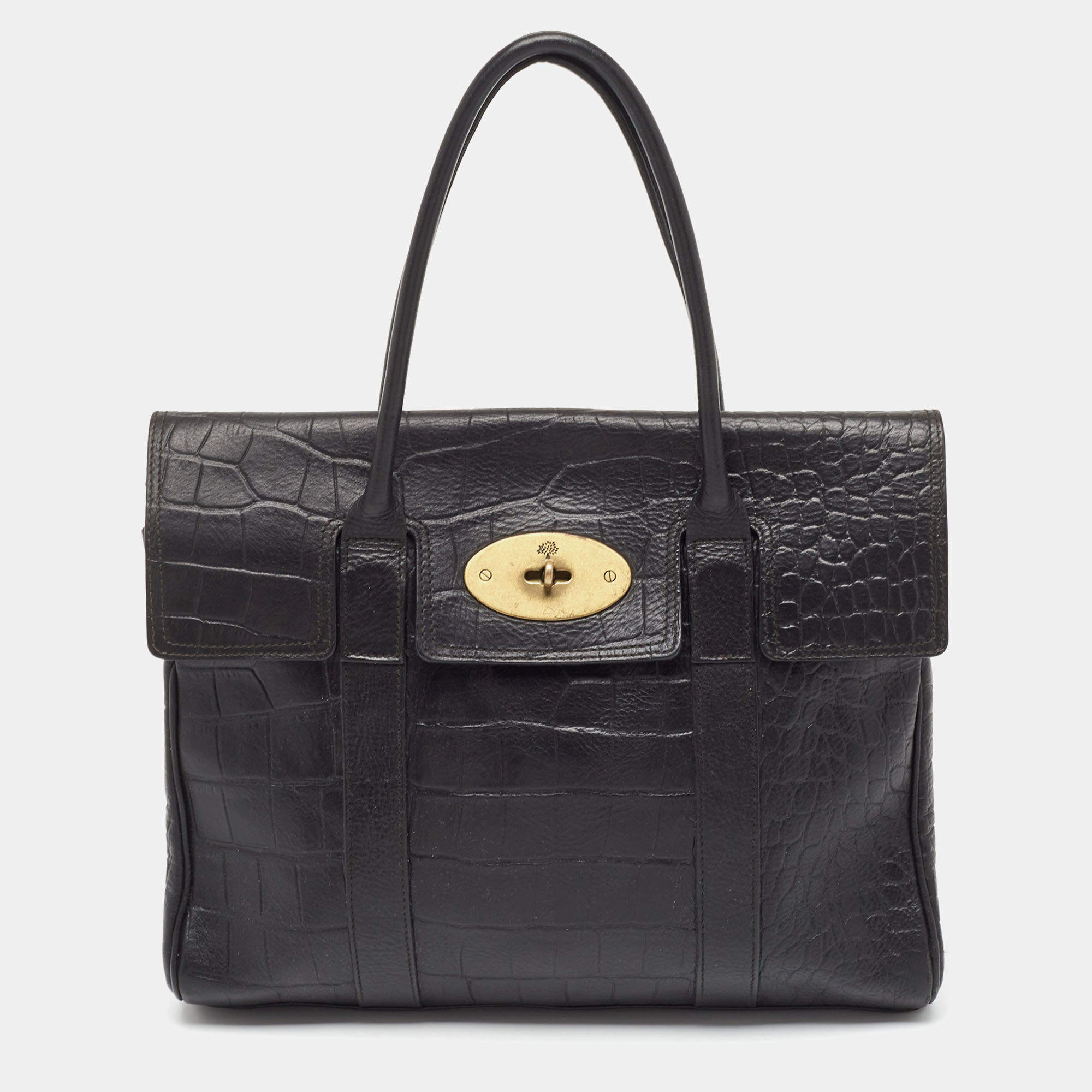 Pre Owned Mulberry Black Croc Embossed Leather Bayswater Satchel