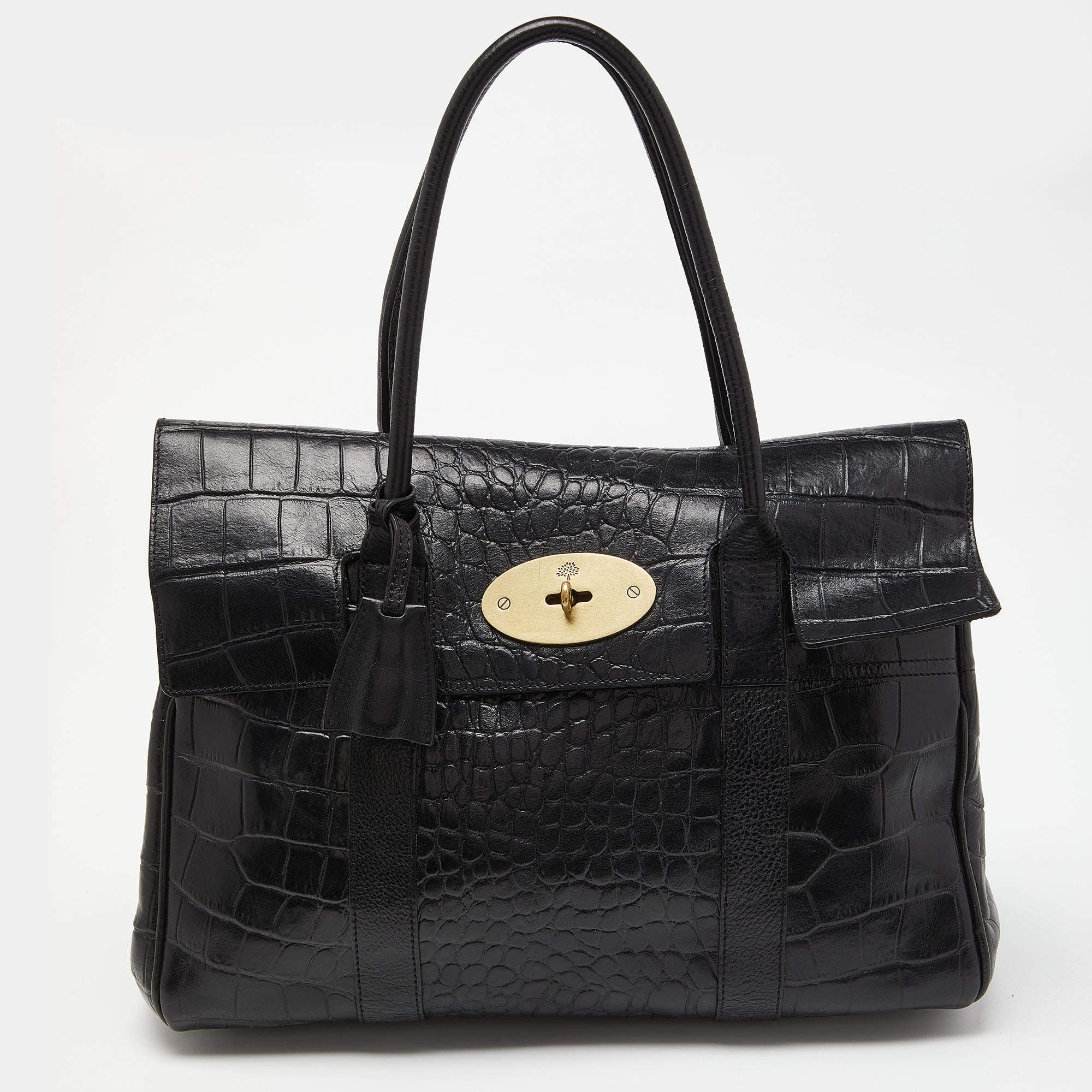 Mulberry Black Croc Embossed Leather Bayswater Satchel