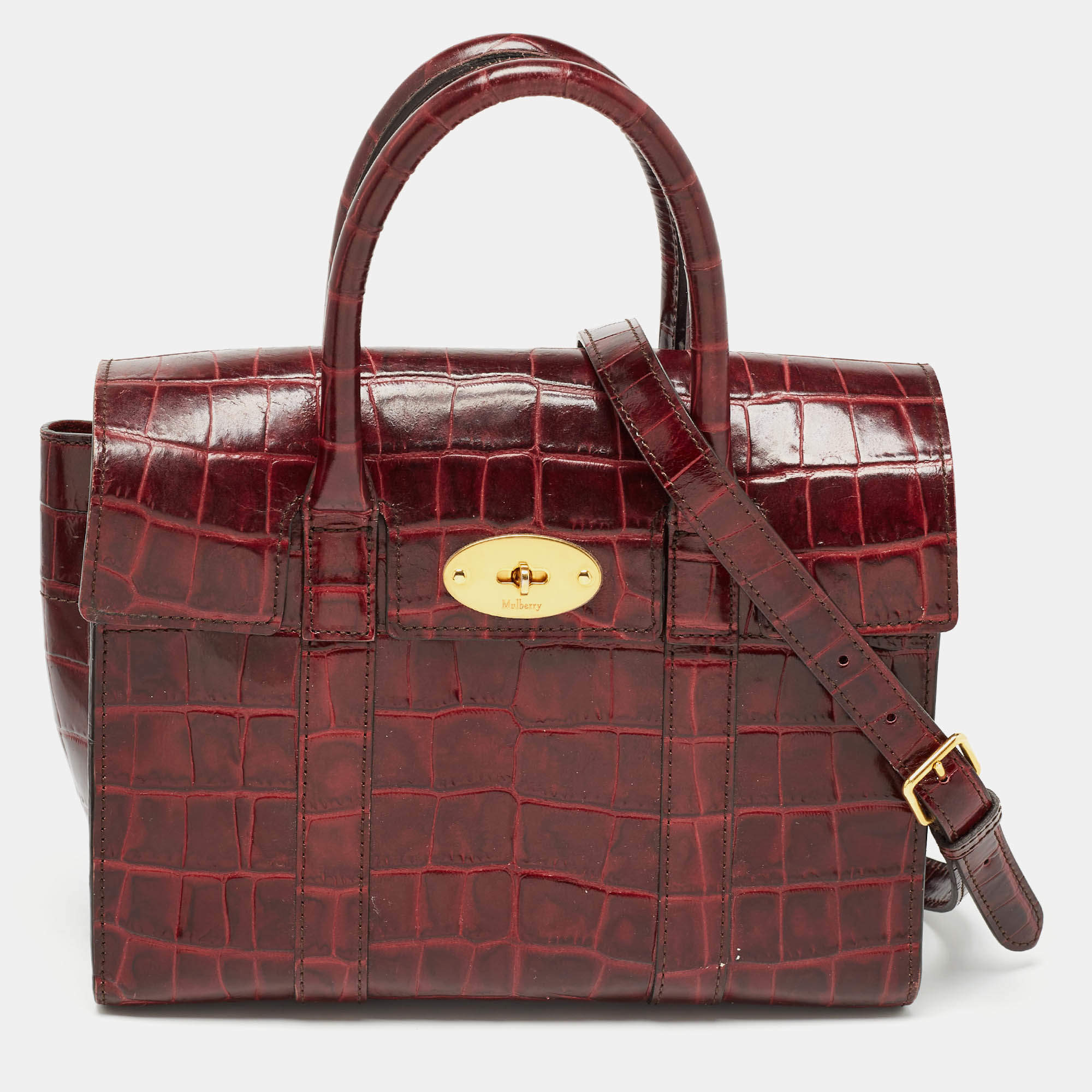 Pre Owned Mulberry Burgundy Croc Leather Small Bayswater Satchel