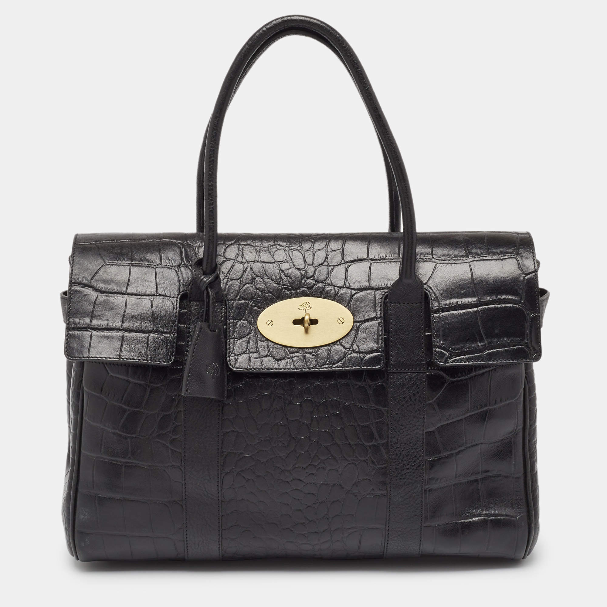 Mulberry Black Croc Embossed Leather Bayswater Satchel