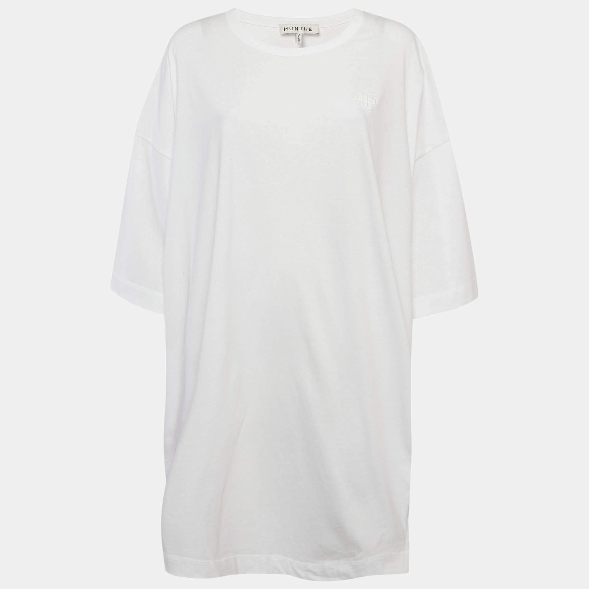 Pre Owned Munthe White Printed Jersey Side-Slits Oversized T-Shirt XS