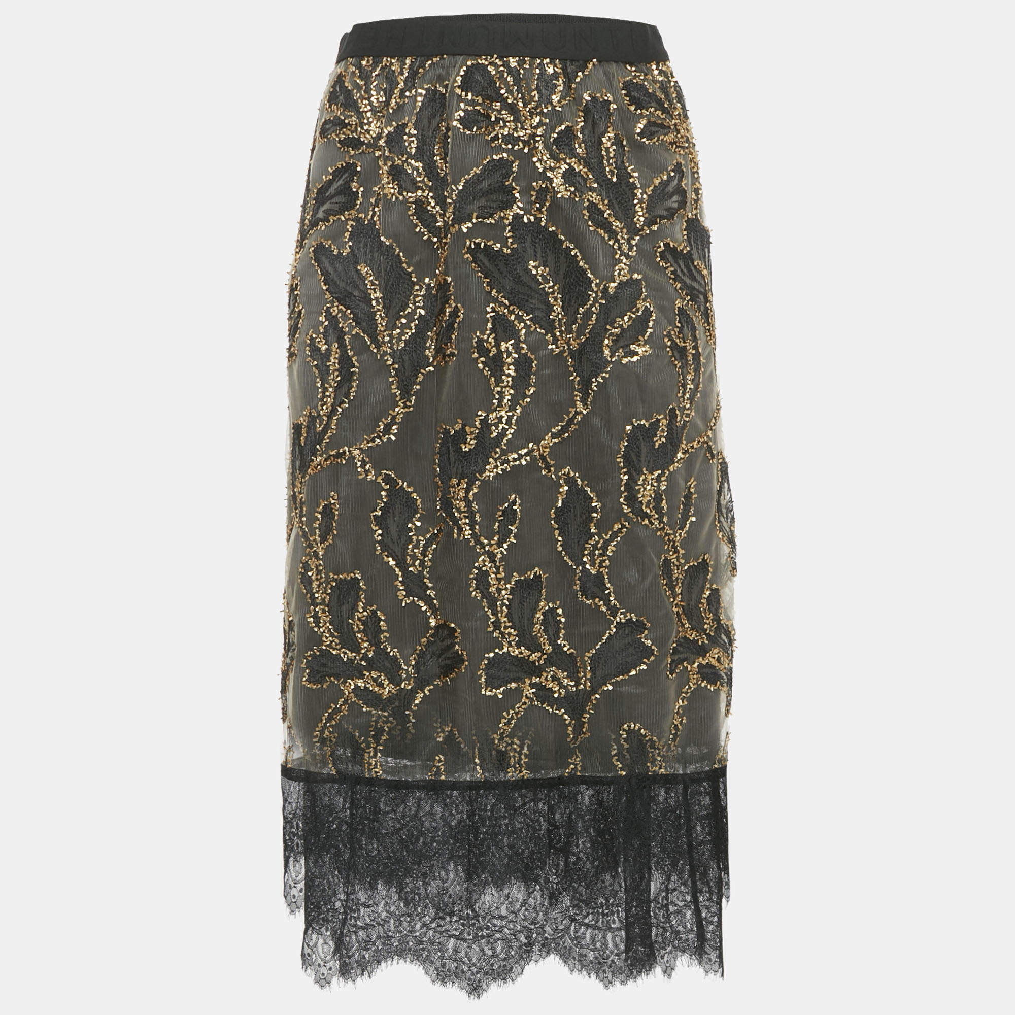 Pre Owned Munthe Black/Gold Leaf Embroidered Lace Mini Skirt M