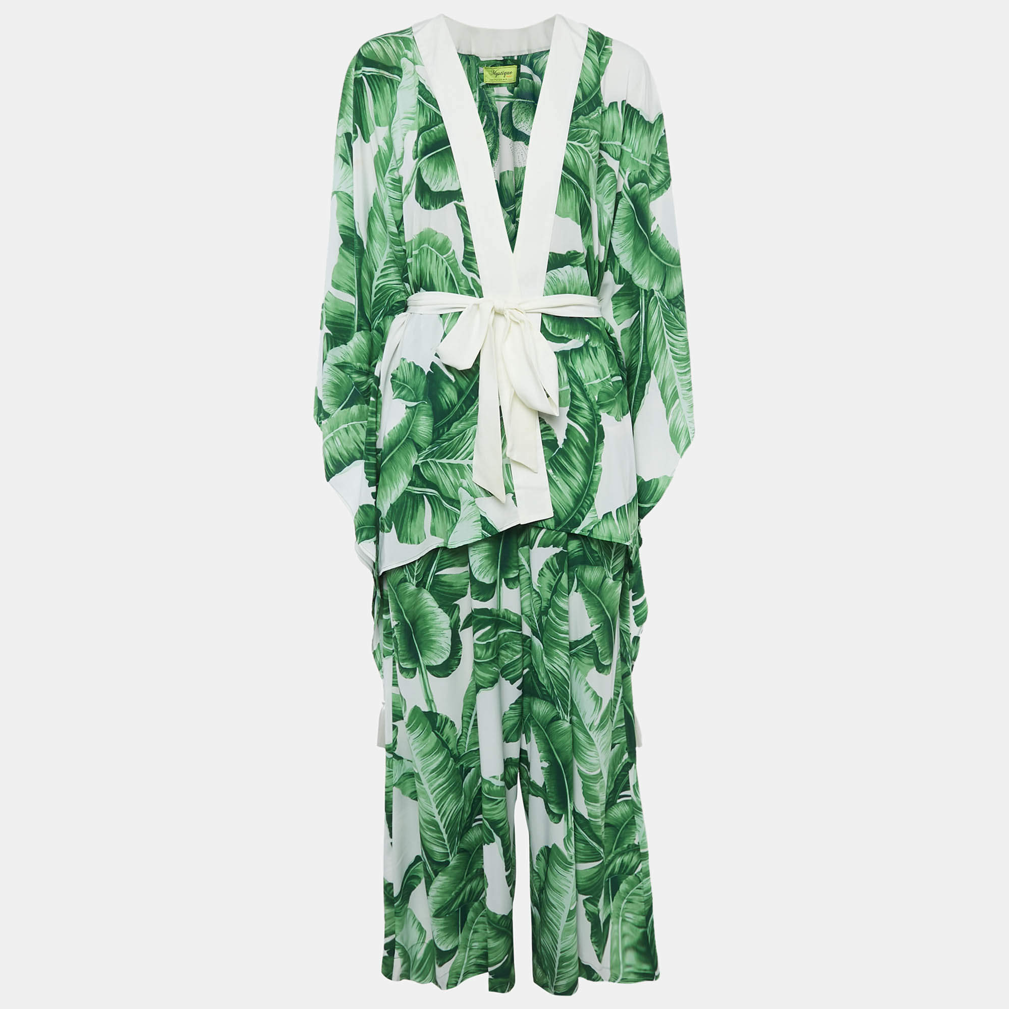 Mystique Beach Green/White Leaf Print Kimono and Samui Pants Set S