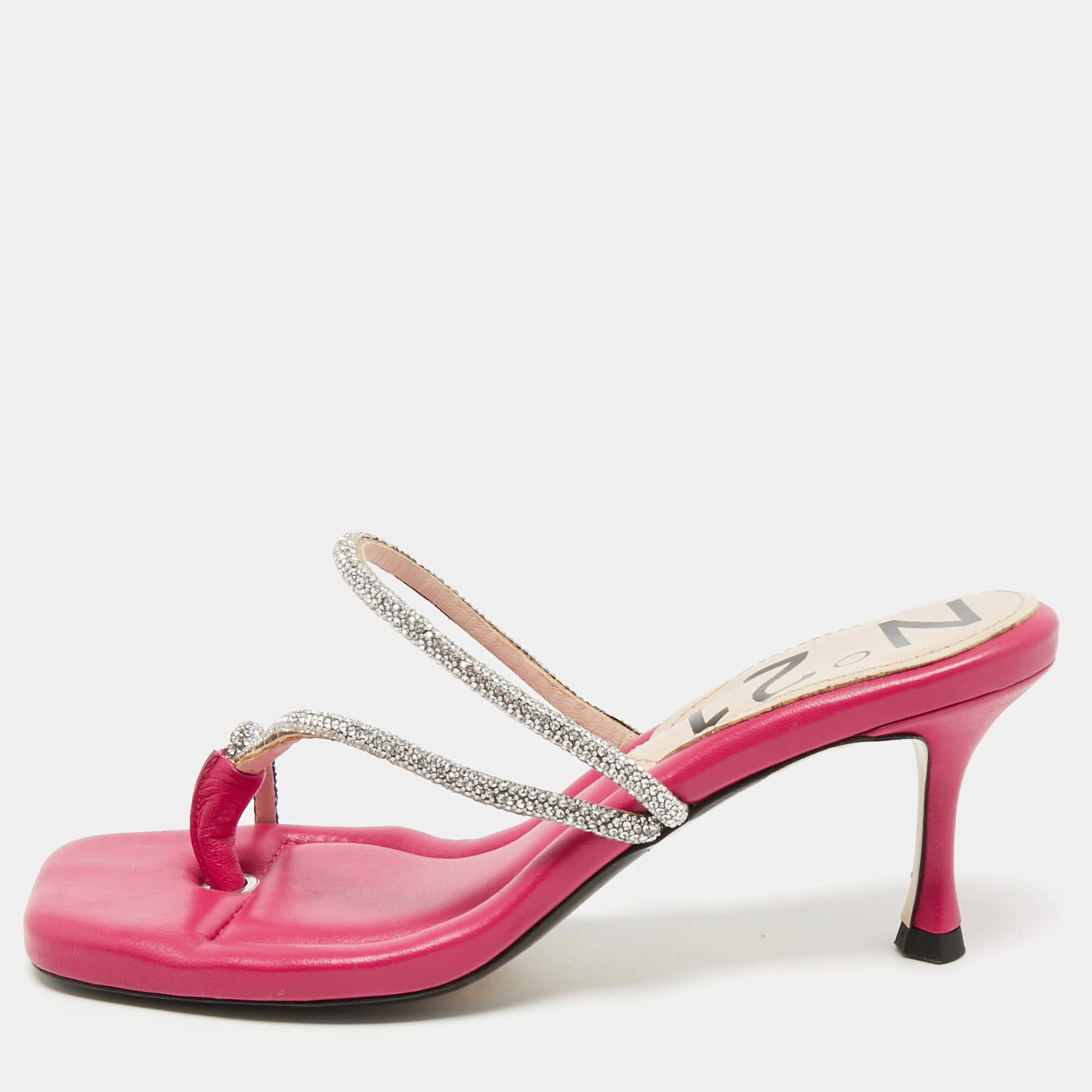 Nº21 Fuchsia Leather Crystal Embellished Thong Sandals Size 39