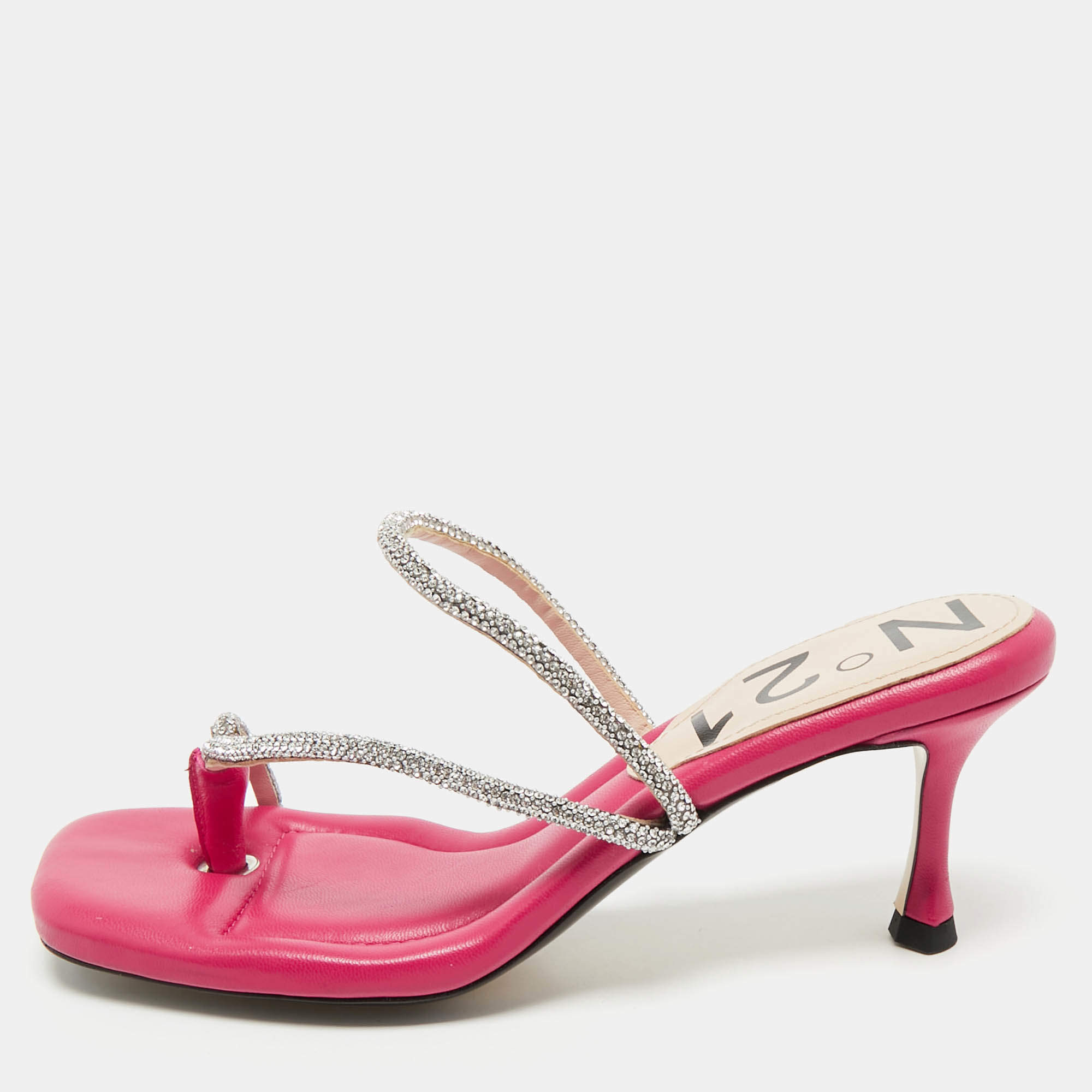 Nº21 Fuchsia Leather Crystal Embellished Thong Sandals Size 38
