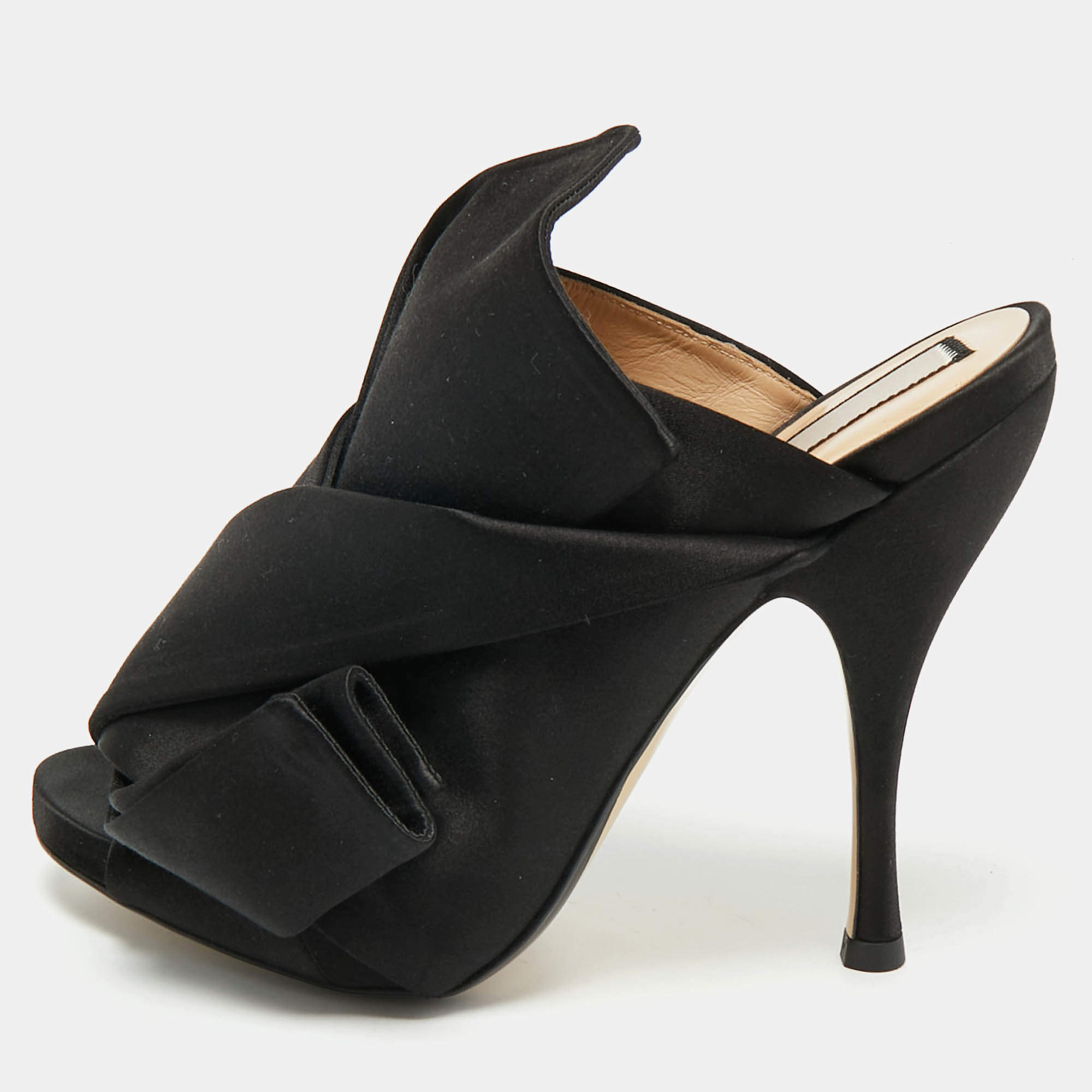 Pre Owned Nº21 Black Satin Raso Knot Peep Toe Mules Size 36.5