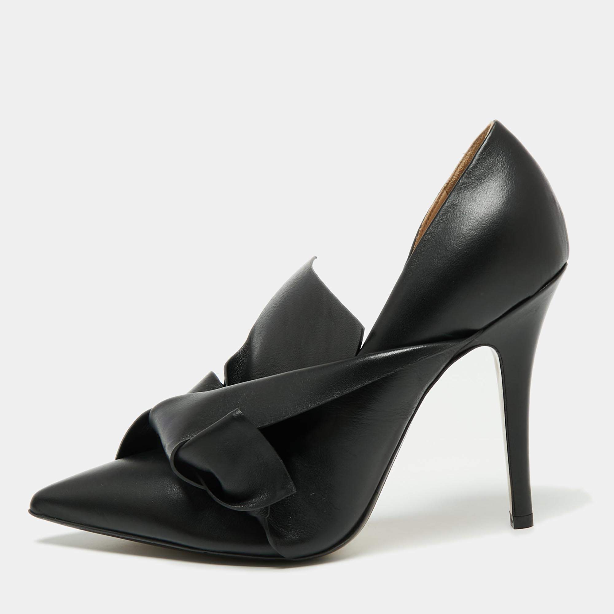 Pre Owned N21 Black Leather Knot D'orsay Pointed Toe Pumps Size 38.5