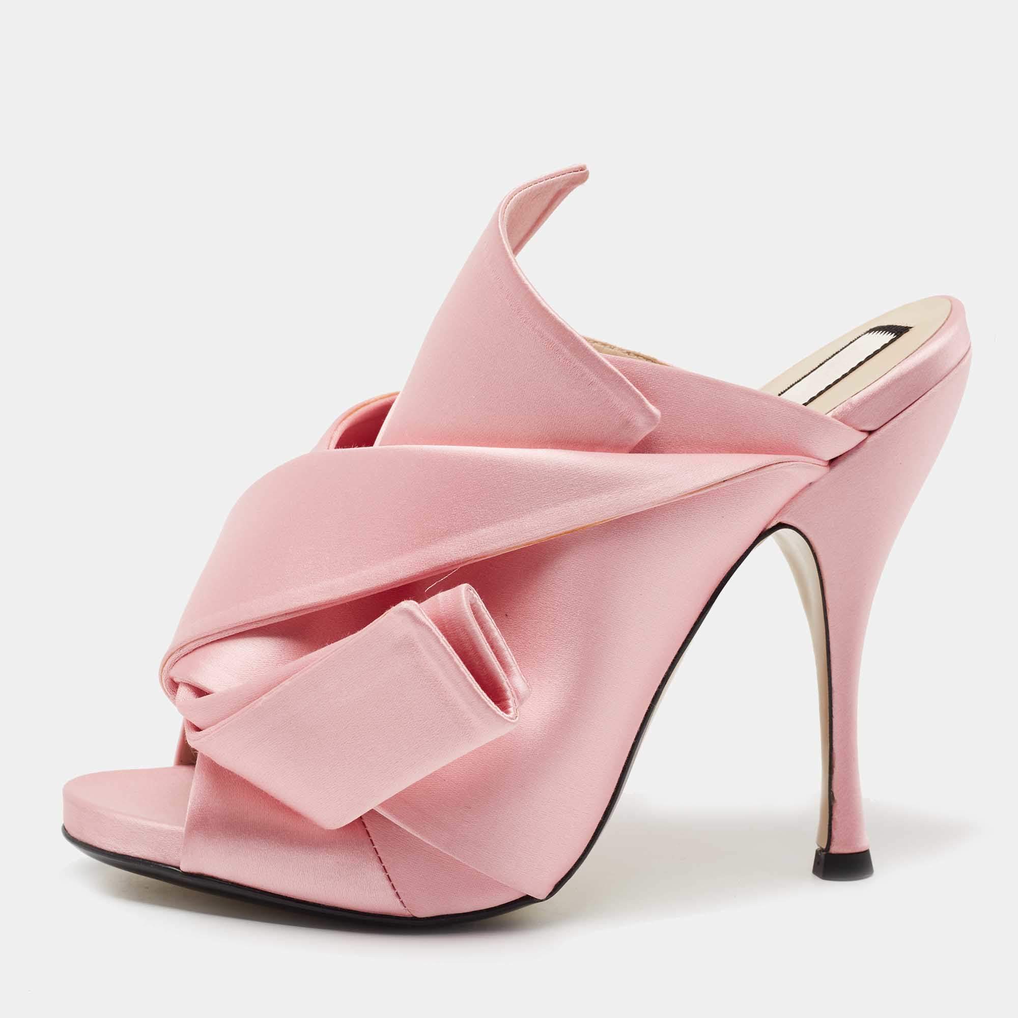 Pre Owned Nº21 Pink Satin Raso Knotted Mules Size 39.5