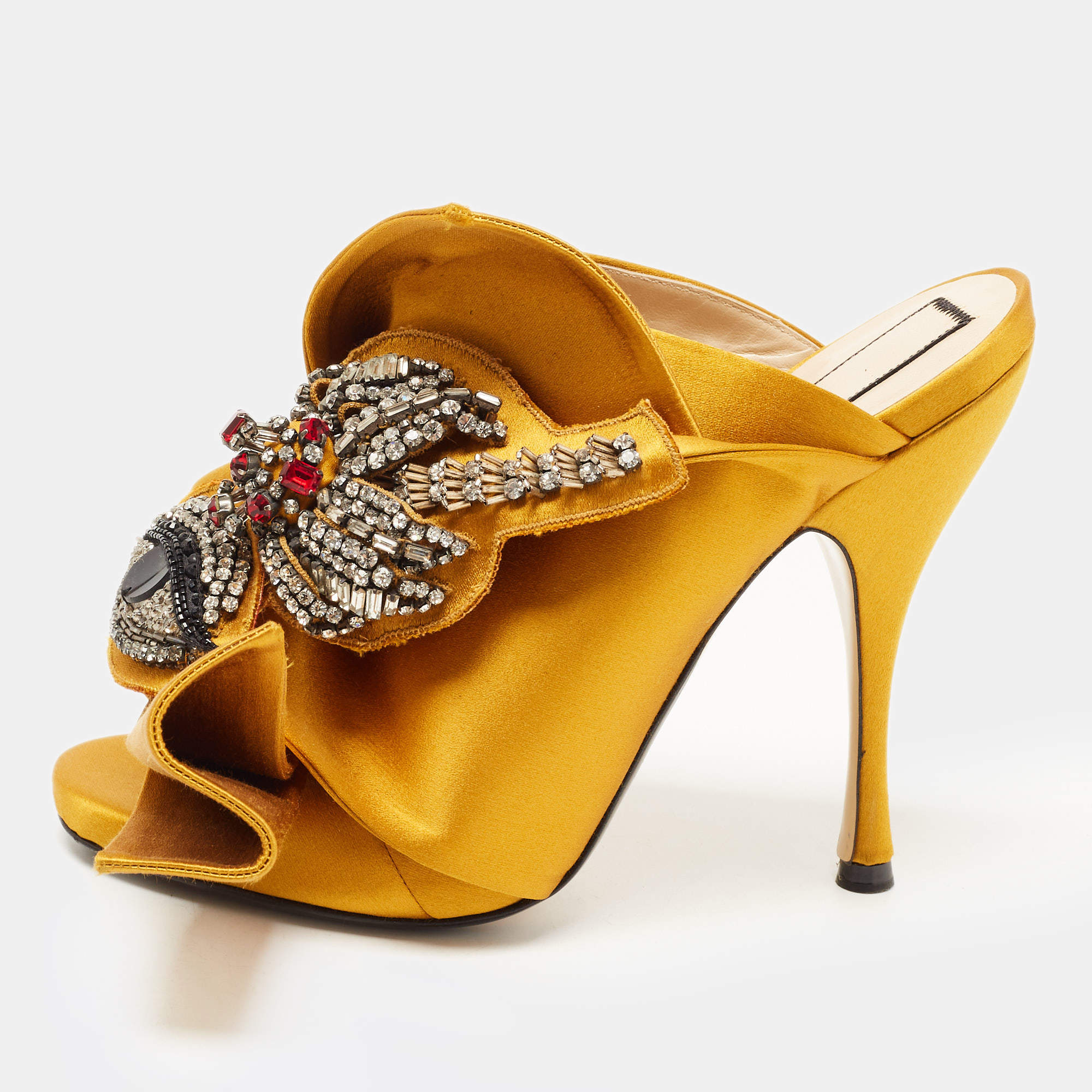 Pre Owned Nº21 Yellow Satin Crystal Knot Mules Size 38.5