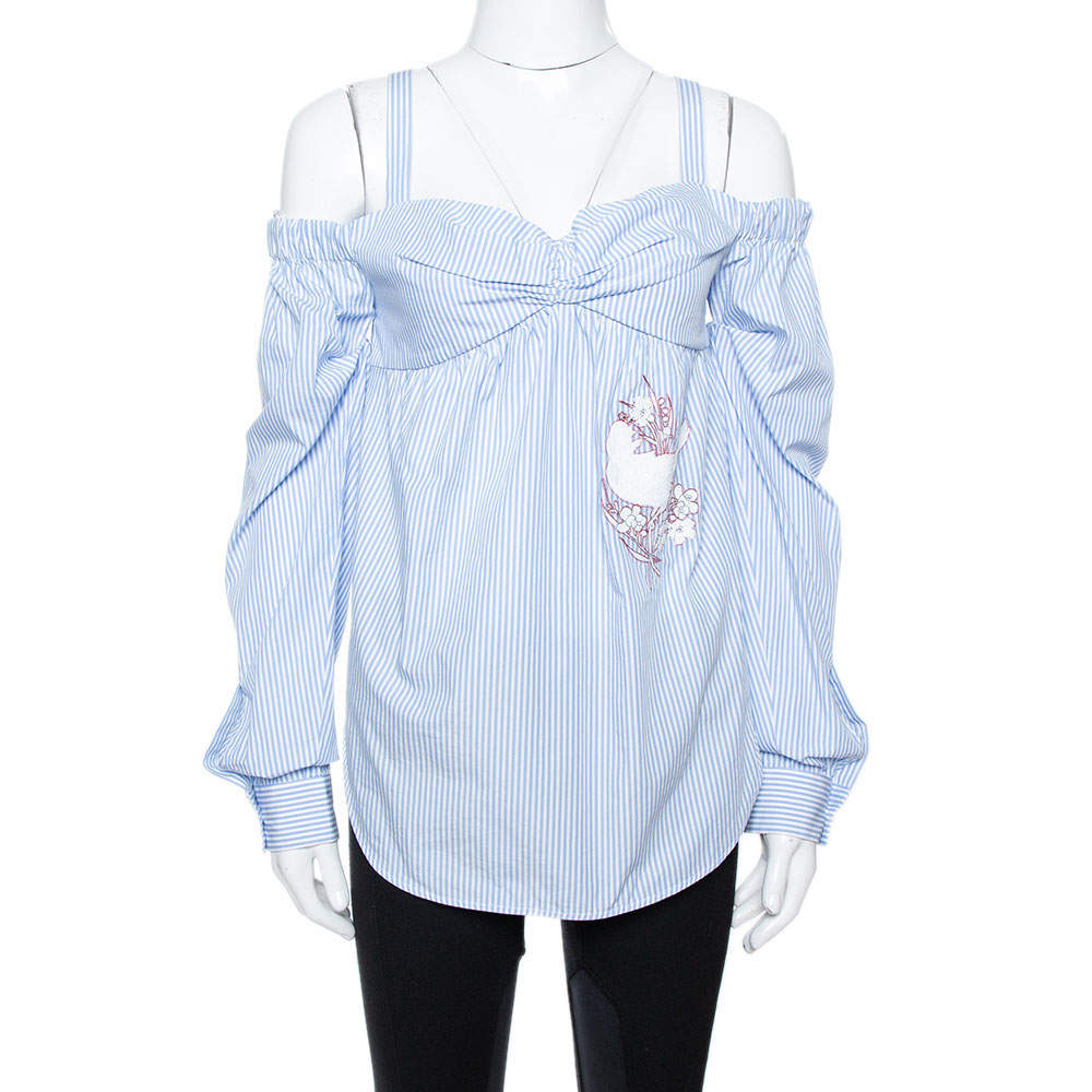 N21 Light Blue Striped Cotton Embroidered Off Shoulder Top S