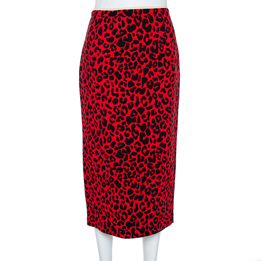 N21 Red Silk Blend Animal Print Midi Skirt S