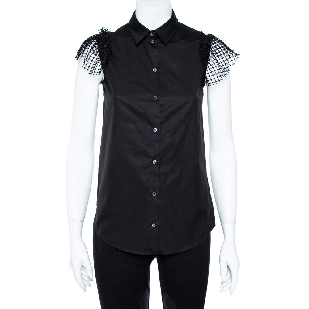 Pre Owned N21 Black Cotton Grid Lace Paneled Feather Trim Shirt XS