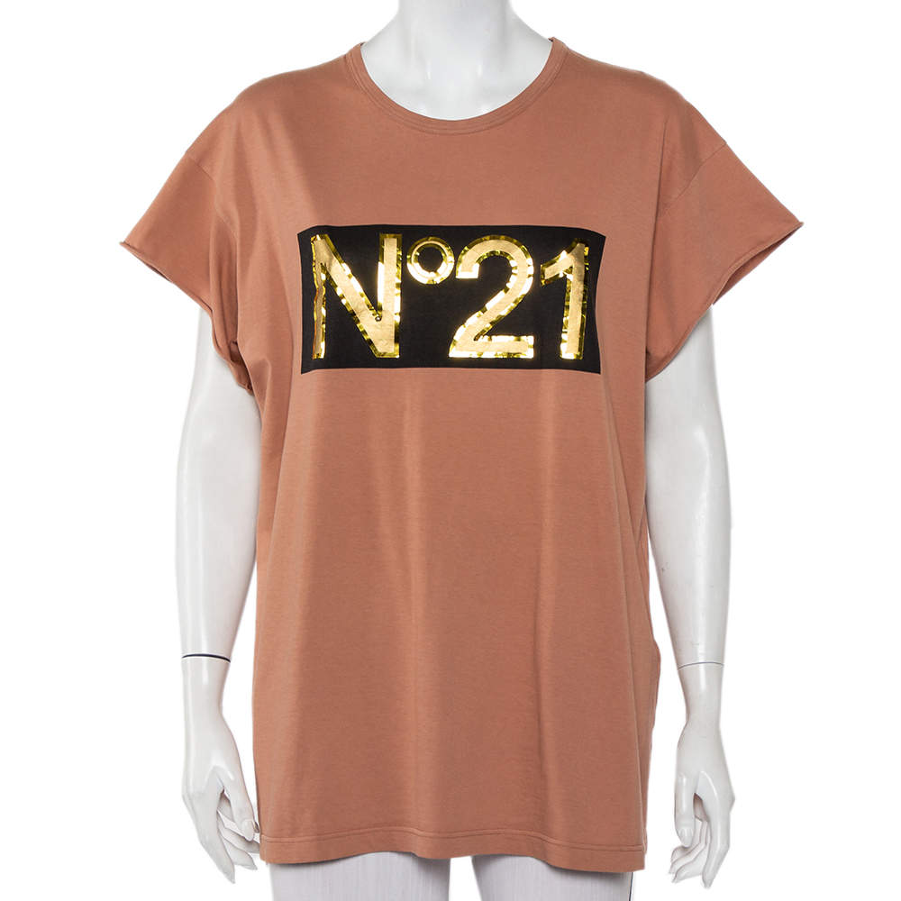 Nº21 Pink Cotton Metallic Logo Printed T-Shirt L