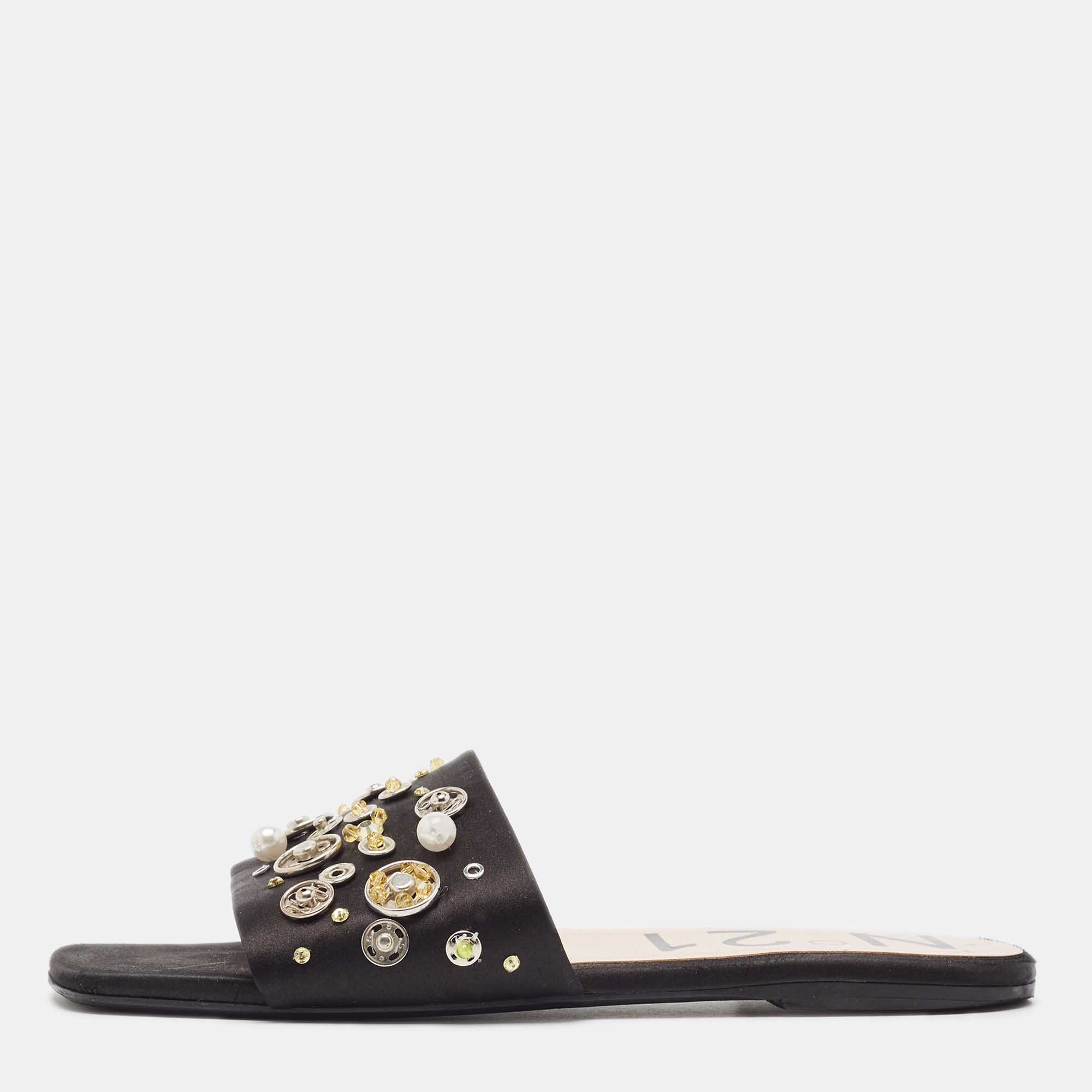 N21 Black Satin Embellished Flat Slides Size 39  