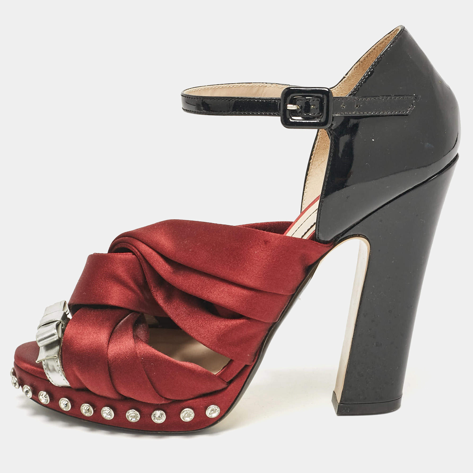 N°21 Burgundy/Black Patent Leather and Satin Ankle Strap Sandals Size 40