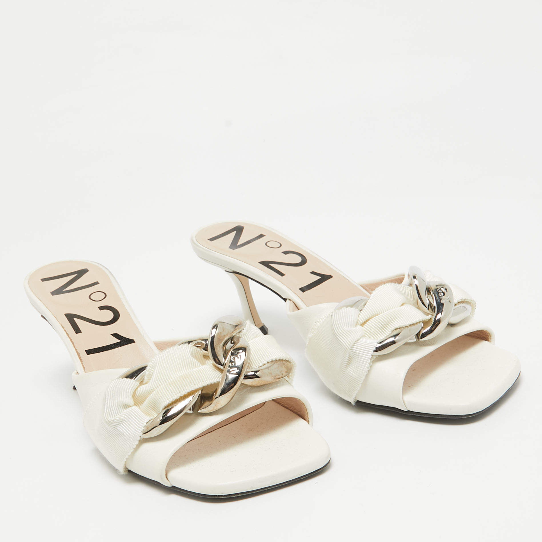 Pre Owned N21 White Leather Chain Slide Sandals Size 37