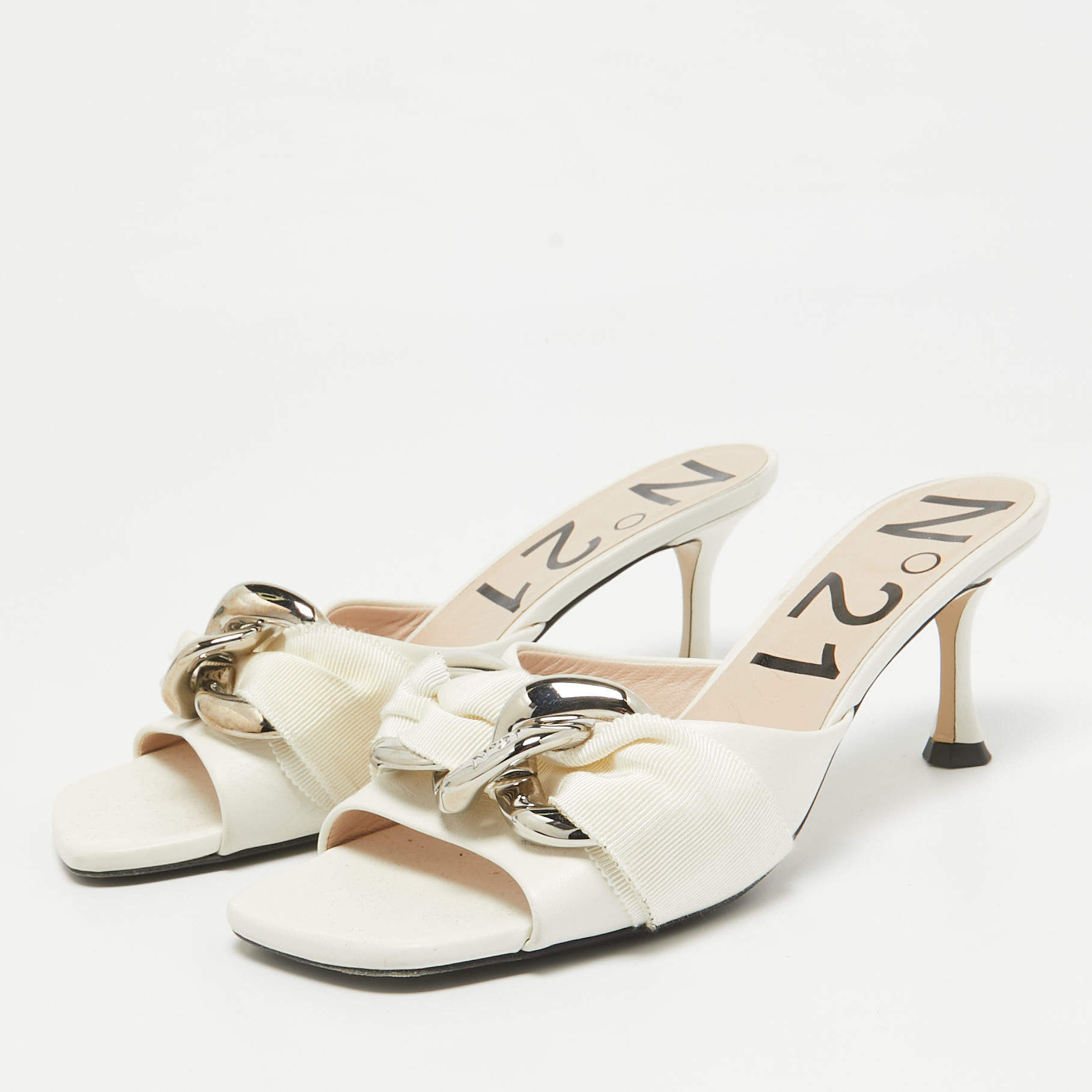 Pre Owned N21 White Leather Chain Slide Sandals Size 37