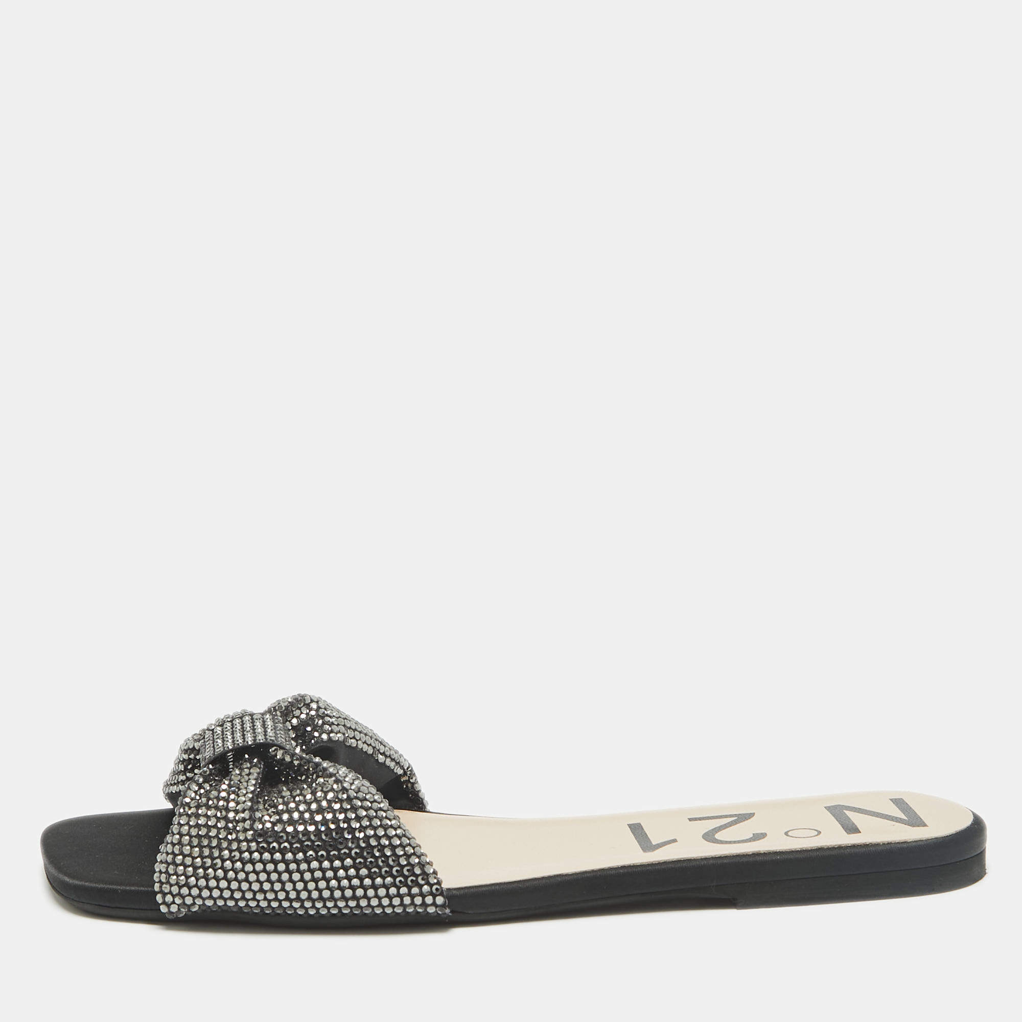 N21 Black Satin Crystal Embellished Bow Flat Slides Size 39 