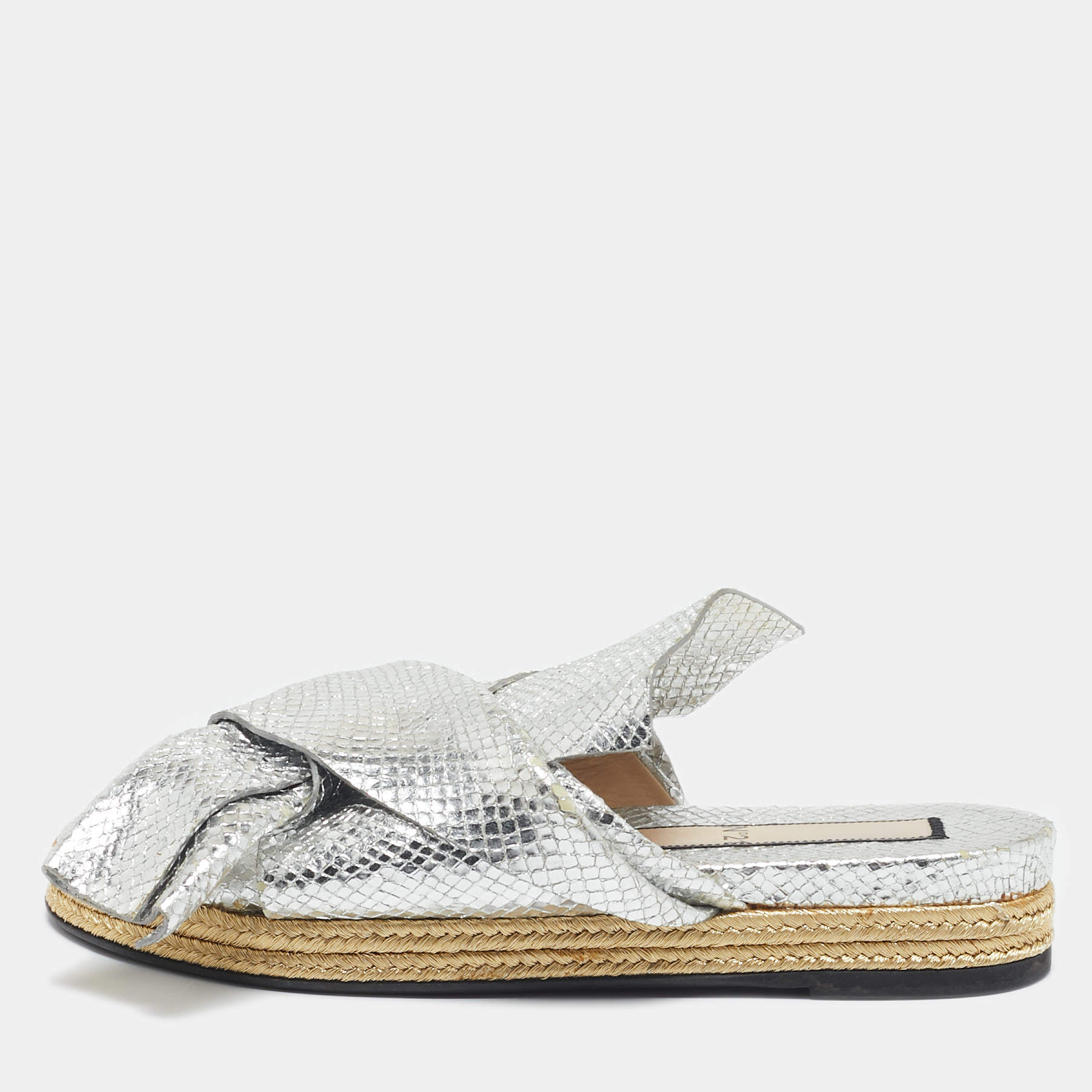 N°21 Silver Python Embossed Leather Knot Espadrille Flat Mules Size 39.5