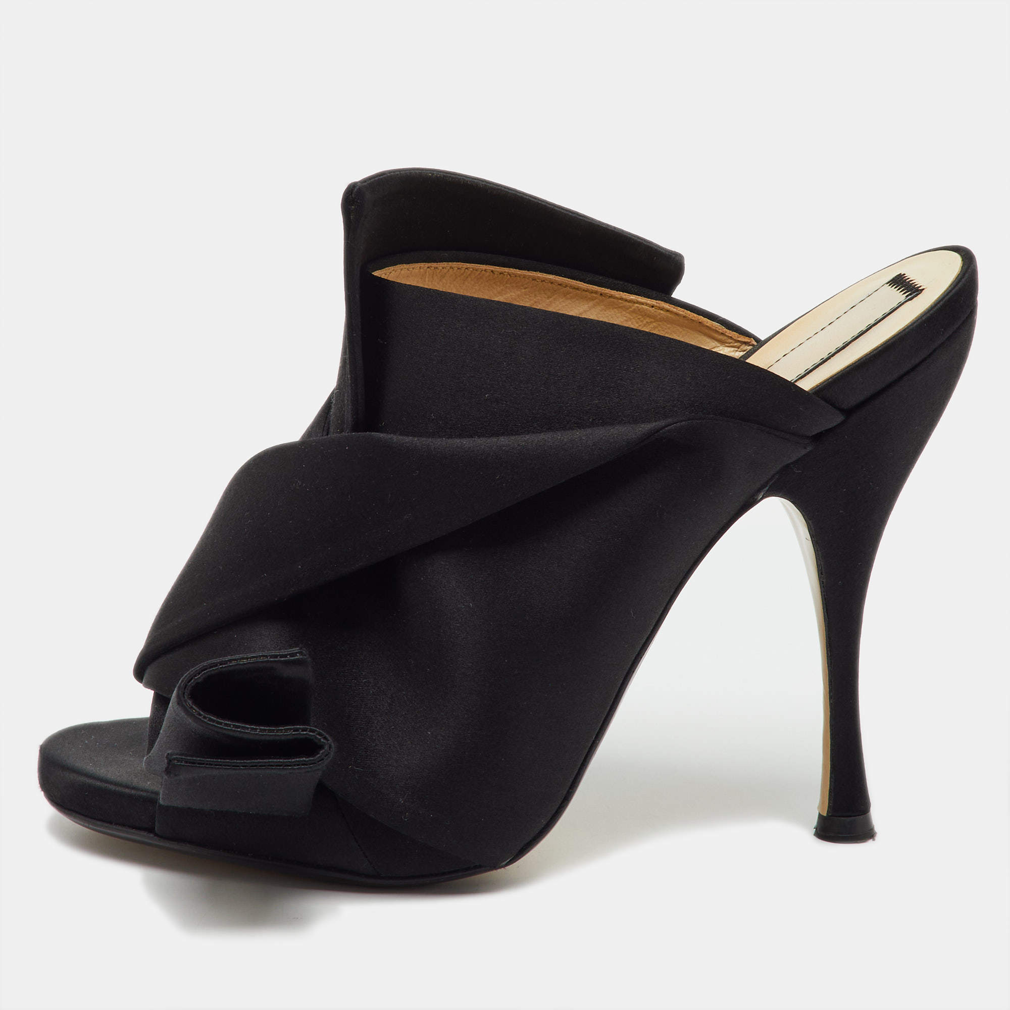 Pre Owned N21 Black Satin Raso Knot Peep Toe Mules Size 39