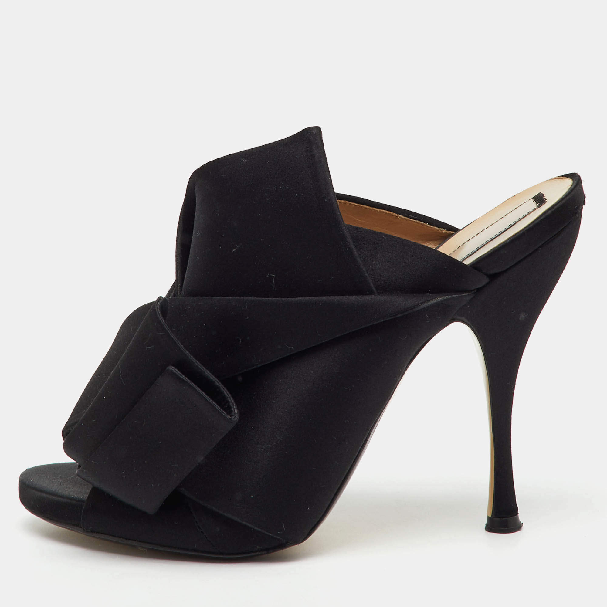 Pre Owned Nº21 Black Satin Raso Knot Peep Toe Slide Mules Size 41