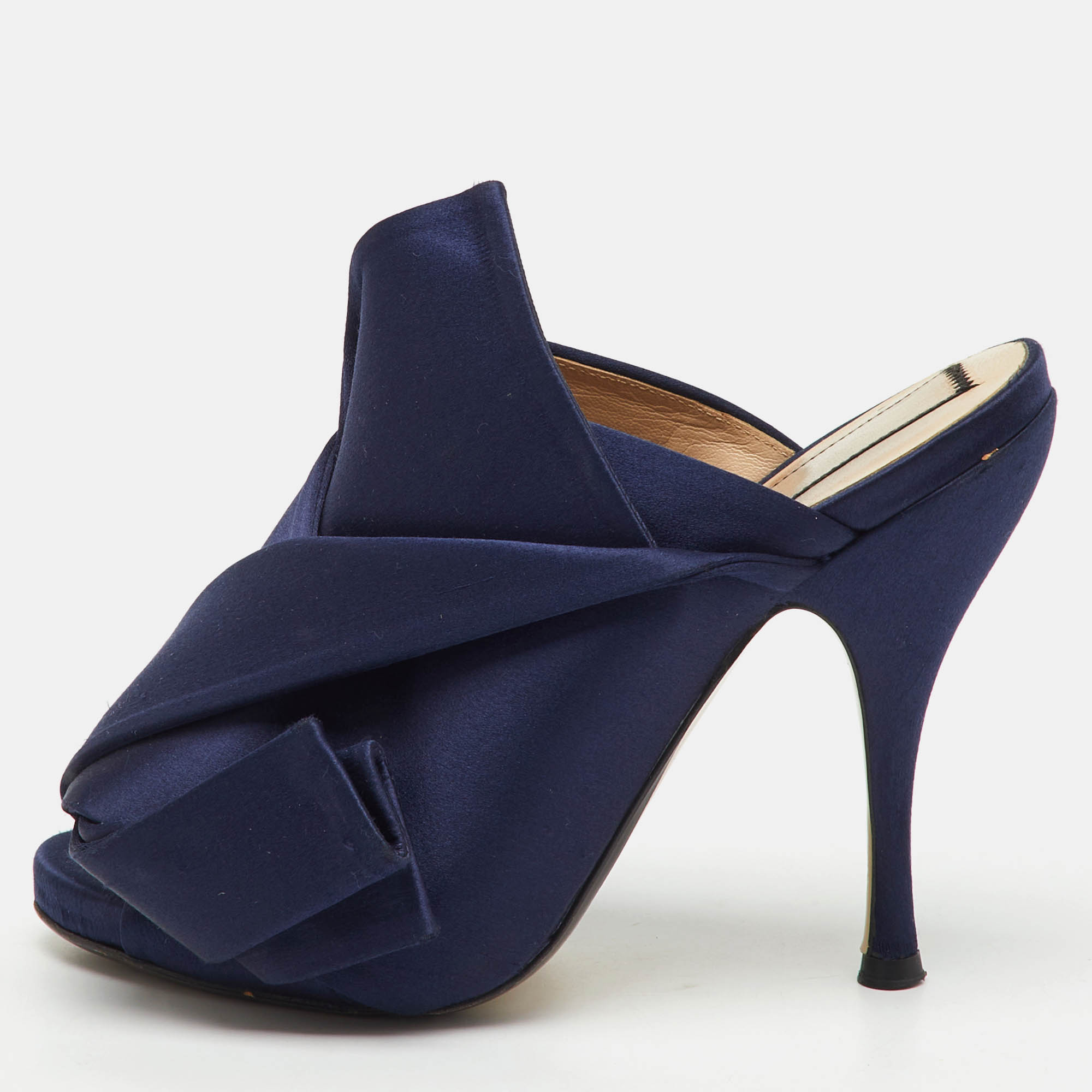 Pre Owned N°21 Navy Blue Satin Crystal Embellishment Raso Knot Mules Size 36