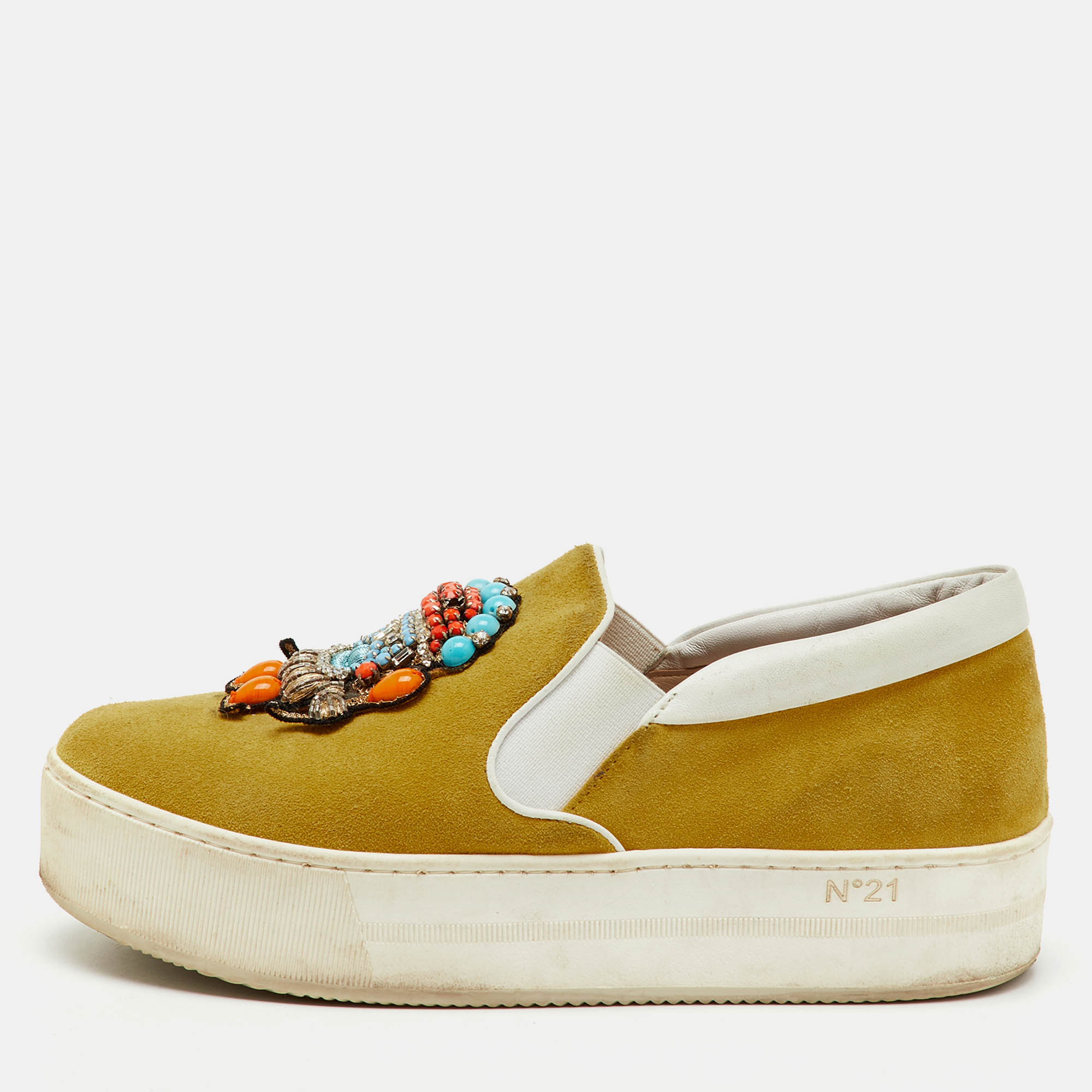 Pre Owned N°21 Yellow Suede Embellished Platform Slip On Sneakers Size 36
