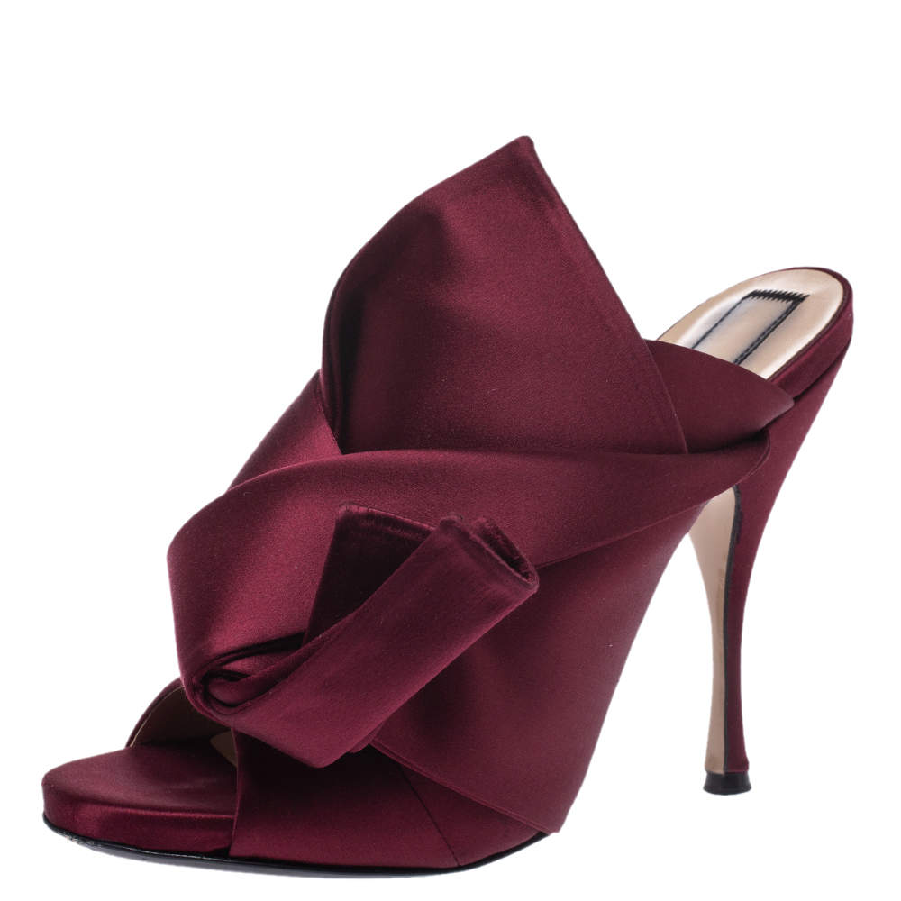 N21 Burgundy Satin Raso Knot Peep Toe Mules Size 40