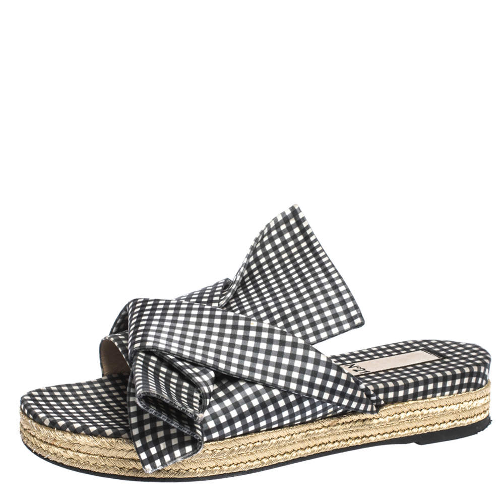 N21 Black White/Black Check Satin Open Toe Flat Slides Size 38.5