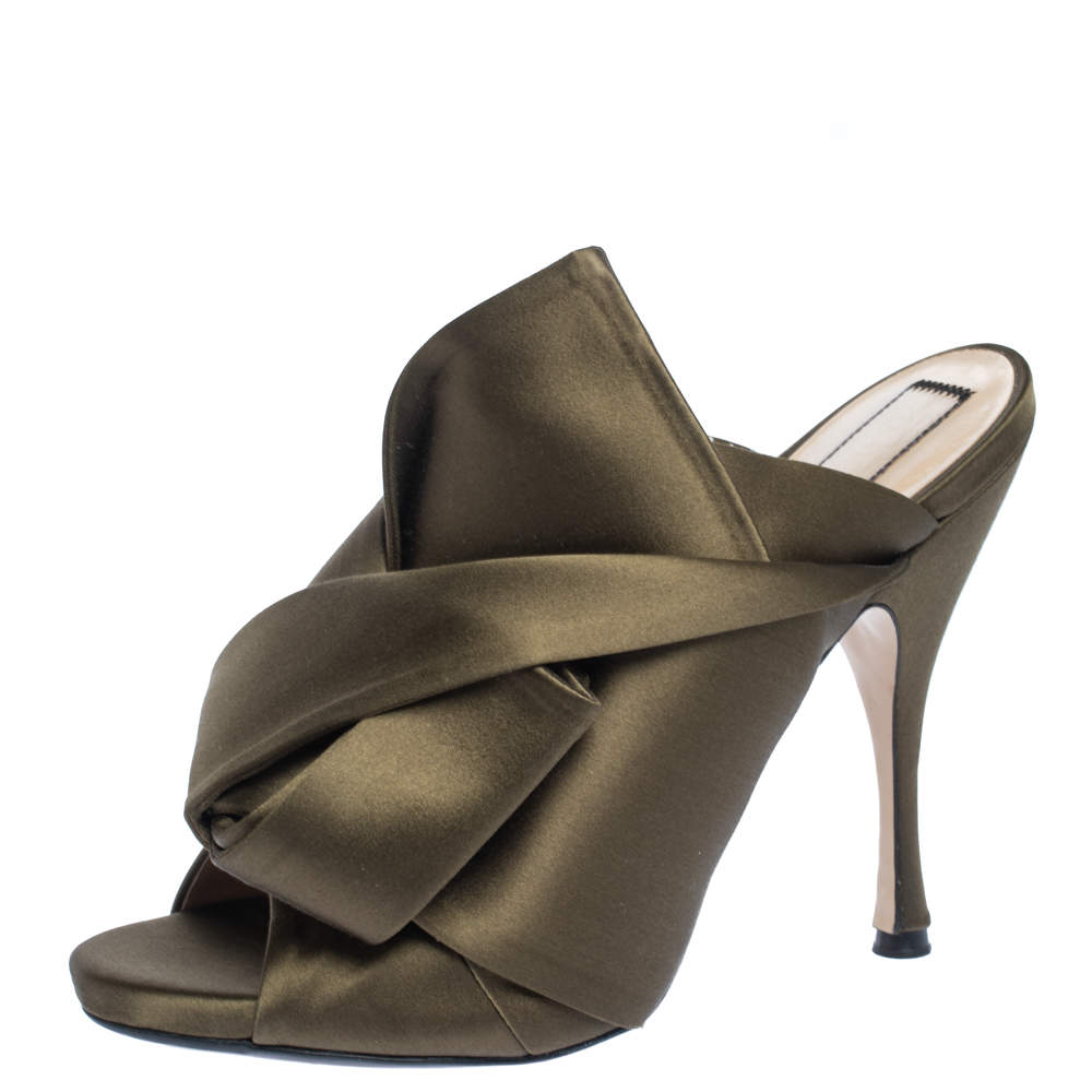 N21 Green Satin Raso Knot Peep Toe Mules Size 38