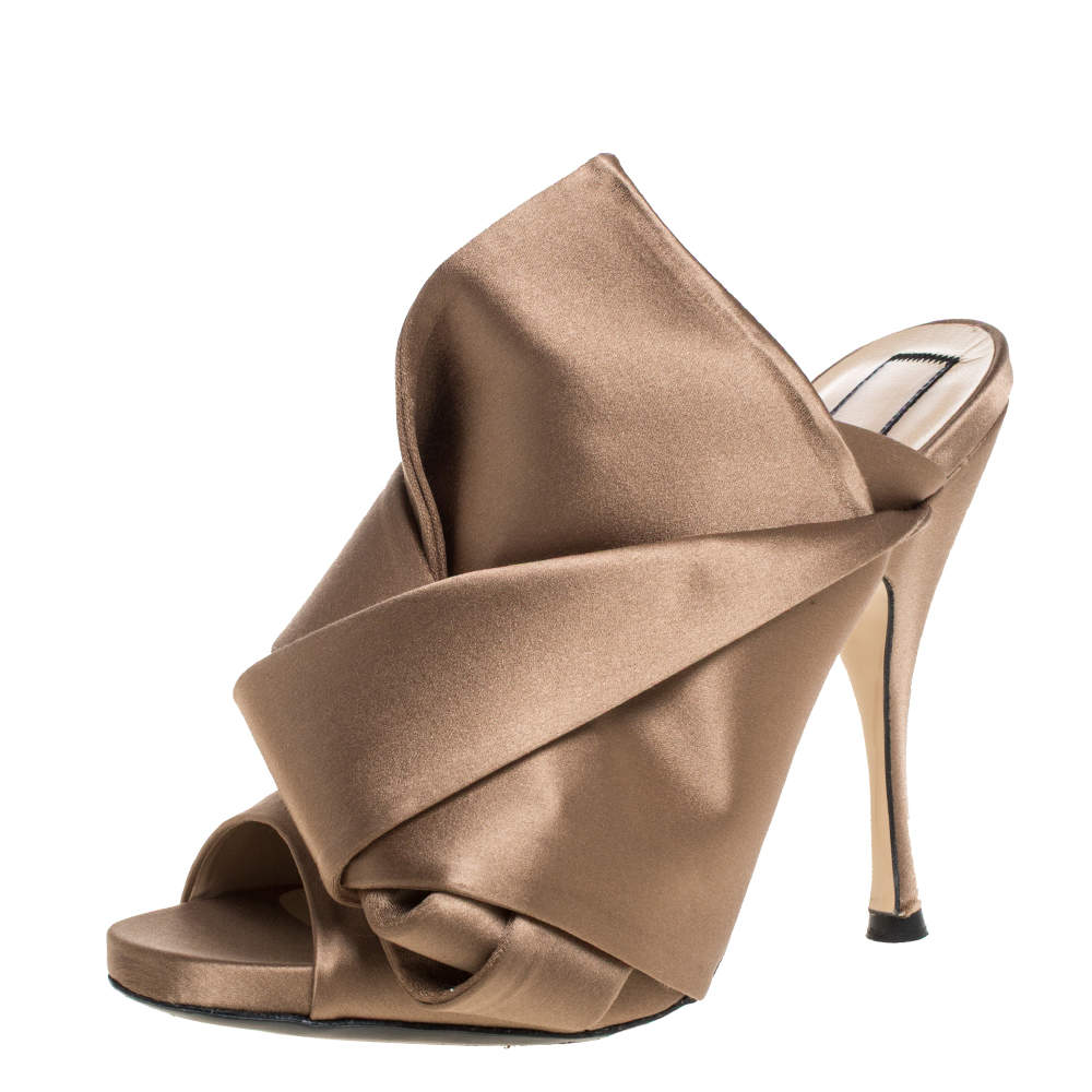 N21 Brown Satin Raso Knot Peep Toe Mules Size 38