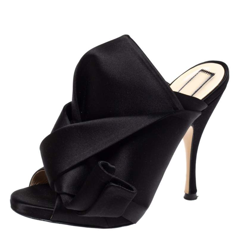 N21 Black Satin Raso Knot Peep Toe Mules Size 37