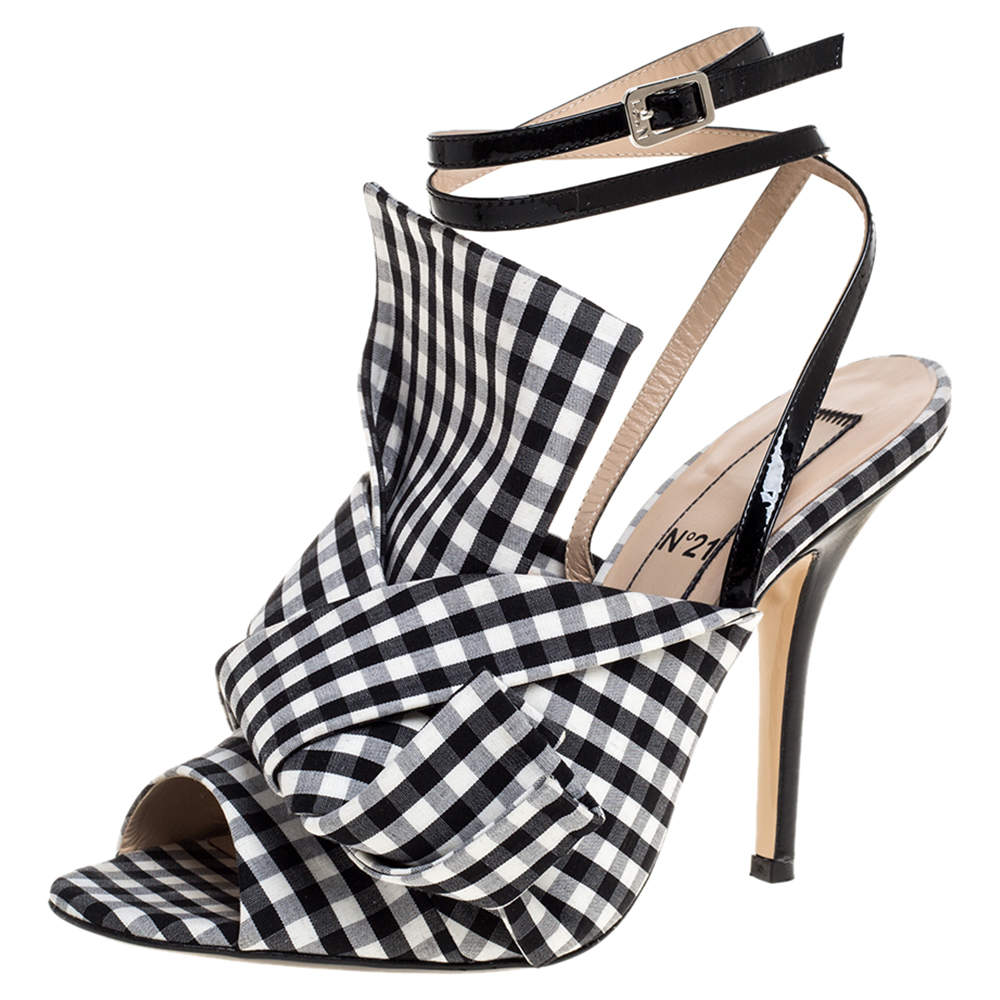 مملوكة مسبقًا N21 Monochrome Checkered Knotted Fabric Gingham Ankle Wrap Peep Toe Sandals Size 38.5