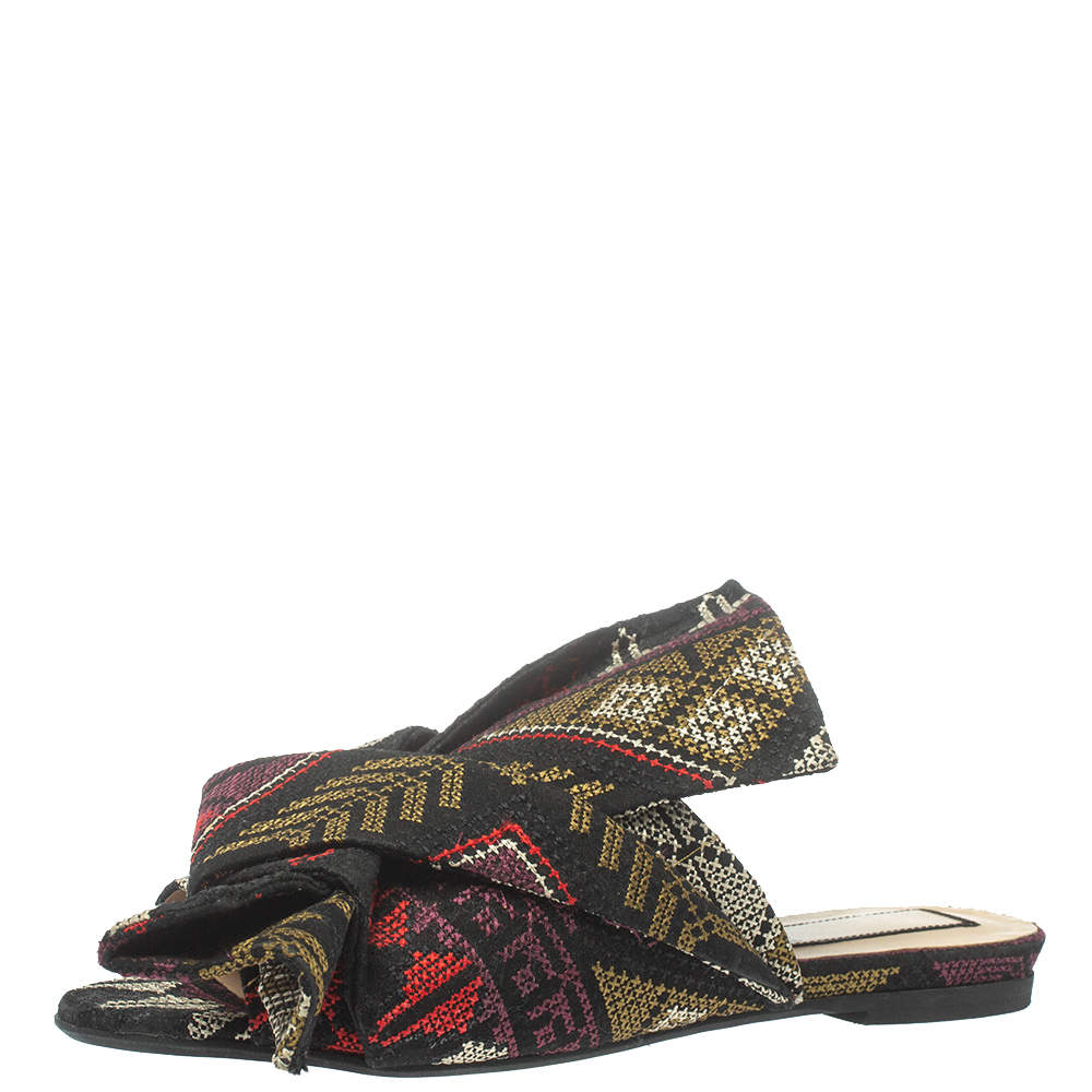Pre Owned N21 Multicolor Embroidered Fabric Knot Flat Slides Size 36.5