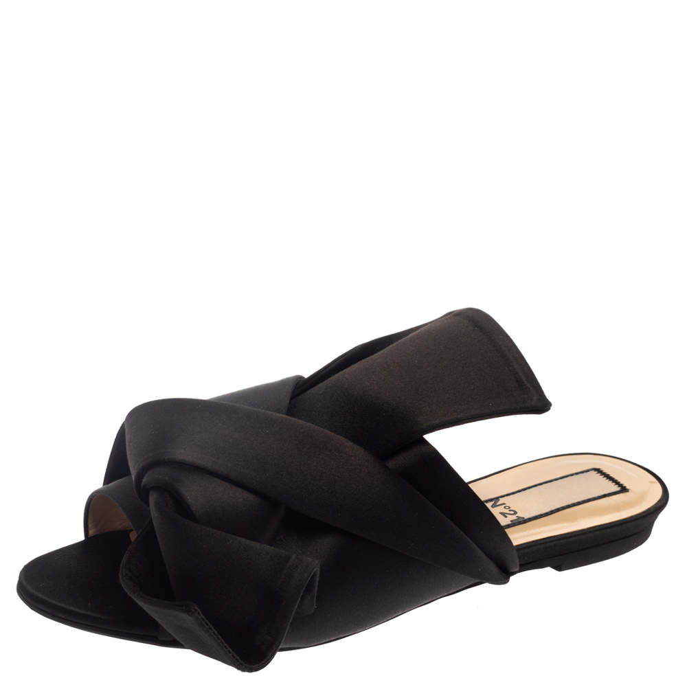 Pre Owned N21 Black Satin Knot Flat Mules Size 39