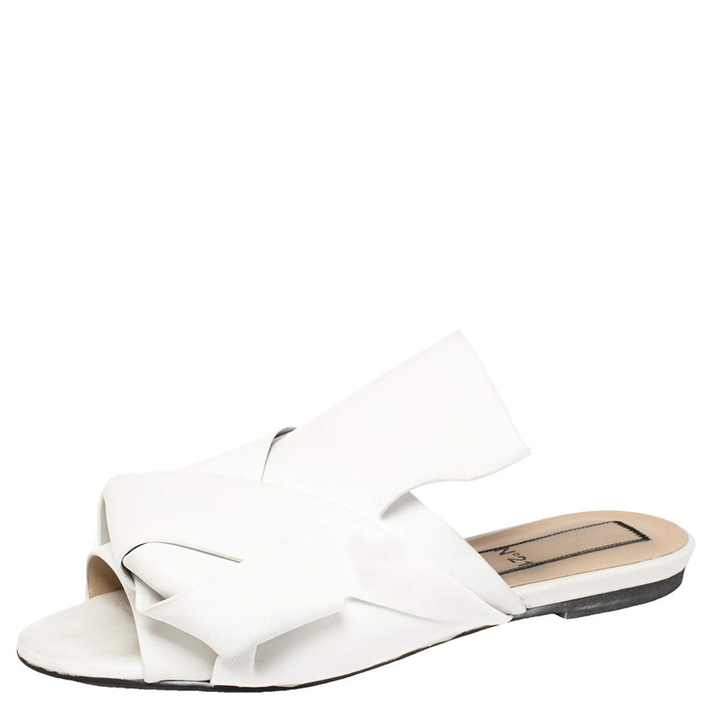 N21 White Leather Knot Flat Mules Size 38