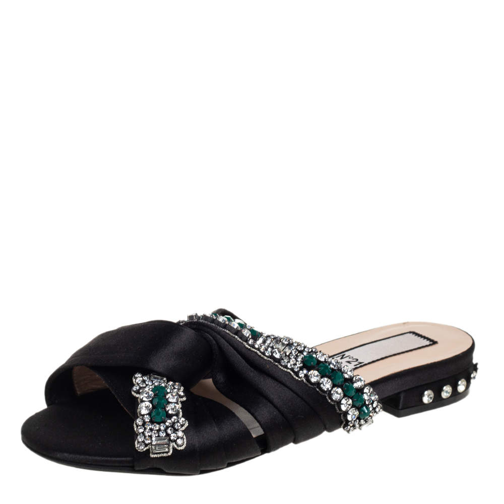Nº21 Black Satin Crystal Embellished Knotted Flat Slides Size 37