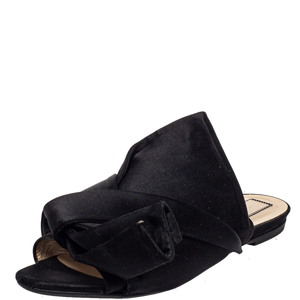 N21 Black Satin Raso Knot Peep Toe Flat Slides Size 39 