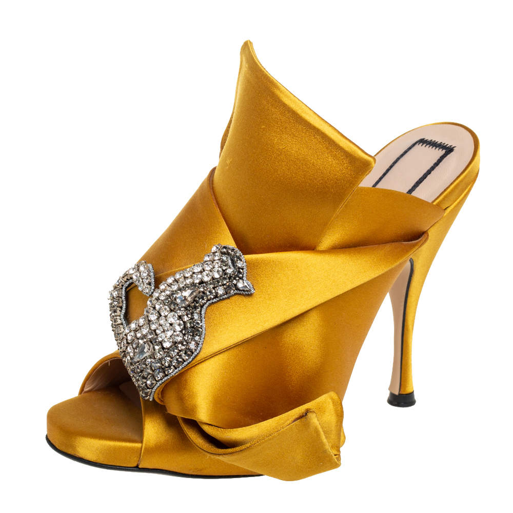 Nº21  Yellow Satin Crystal Embellished Knot Mules Size 36.5