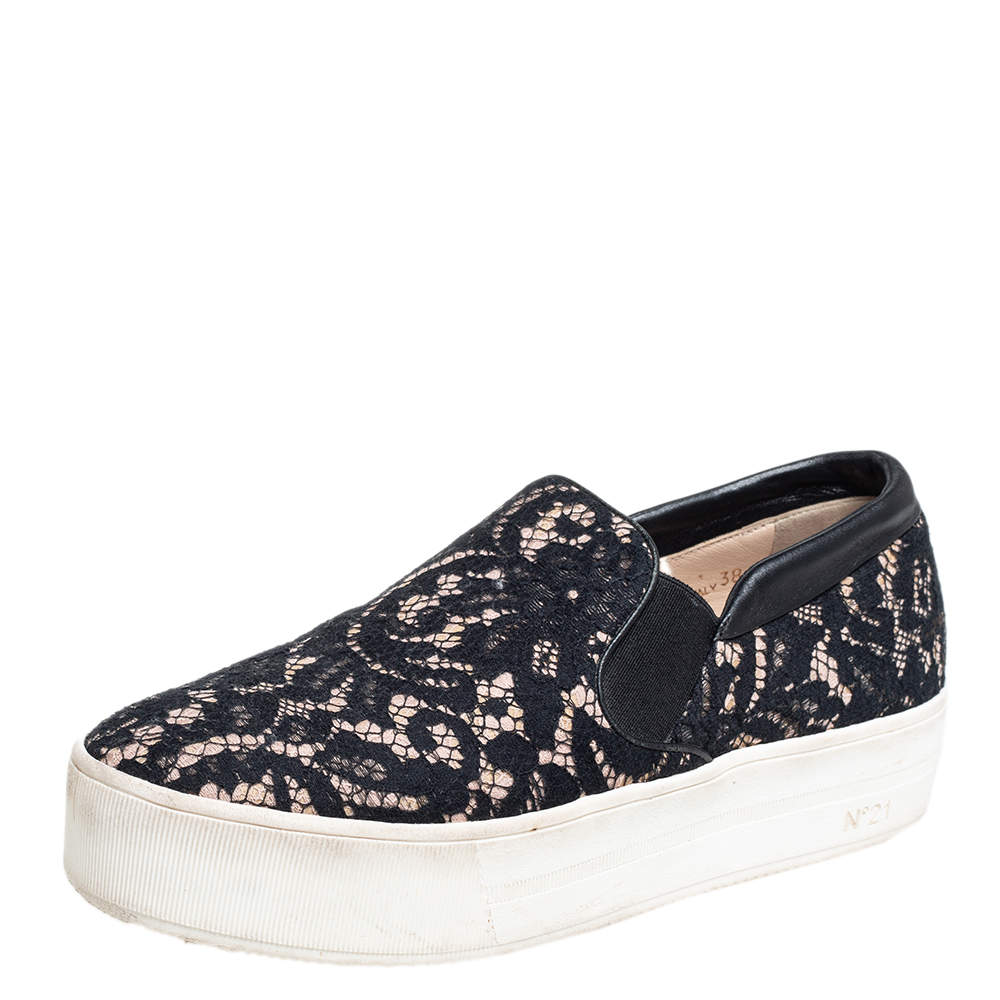 Pre Owned N21 Black Lace And Leather  Slip On Sneakers Size 38