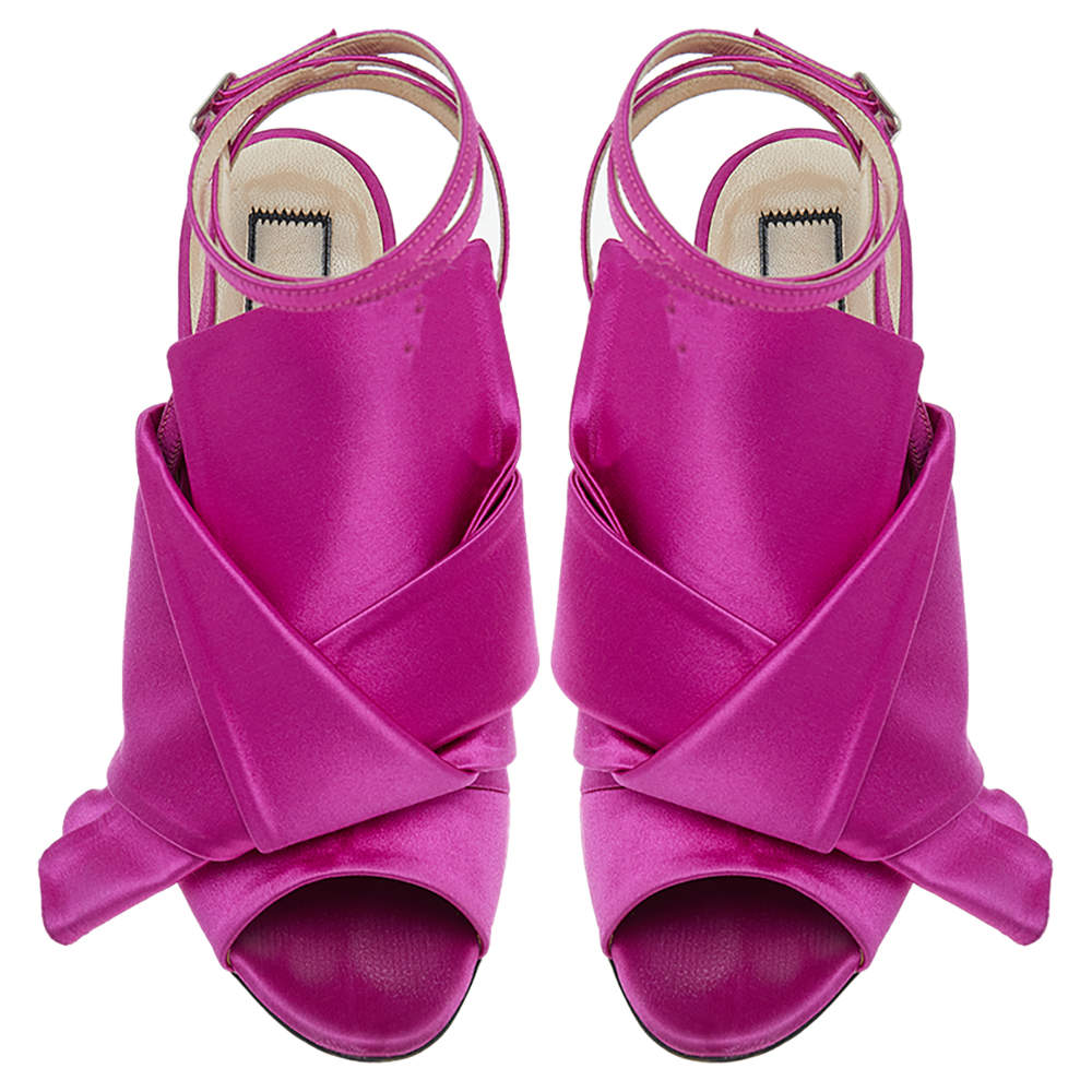 Pre Owned N21 Pink Satin Raso Knot Ankle Wrap Sandals Size 37