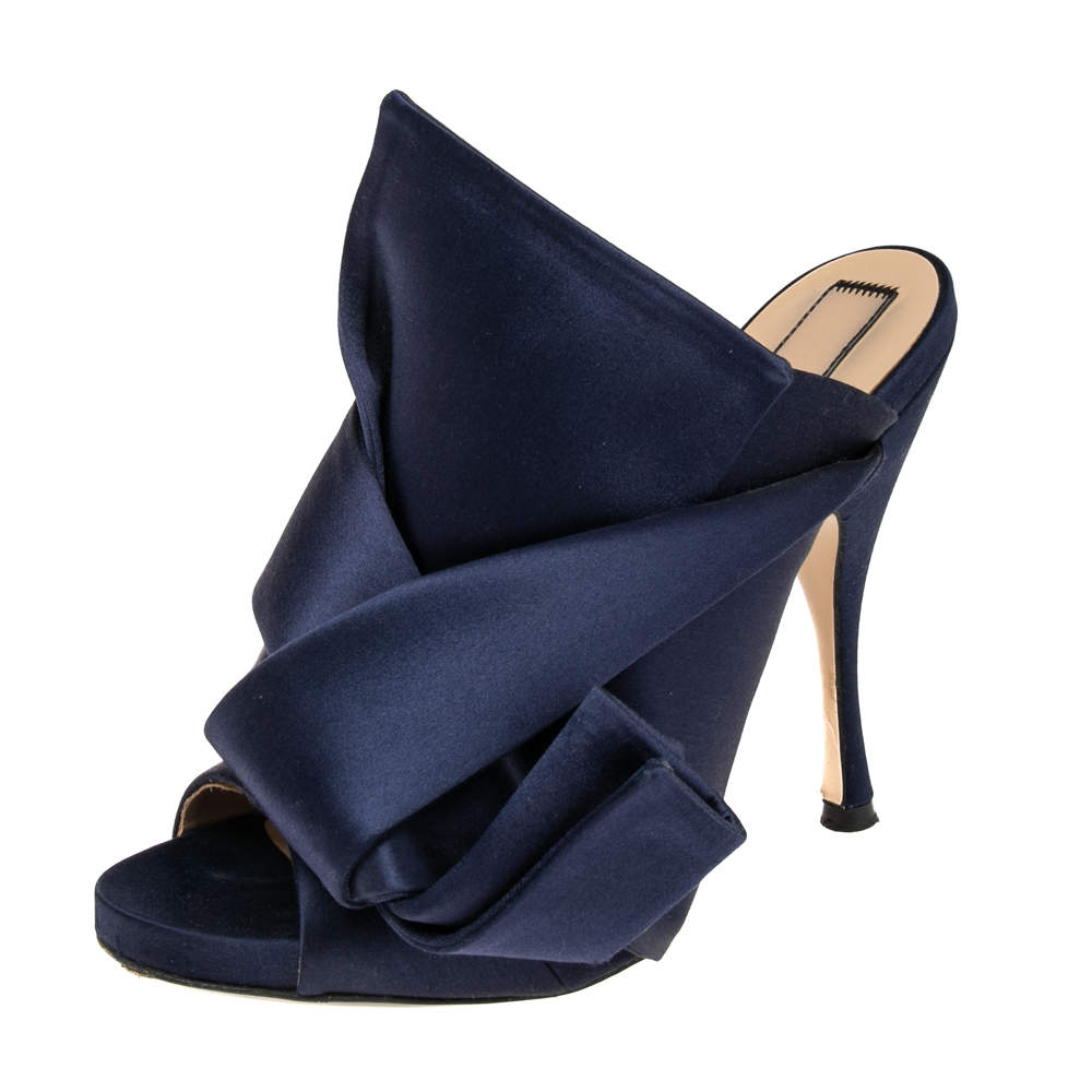 Nº21 Navy Blue Satin Raso Knot Peep Toe Mules Size 38 