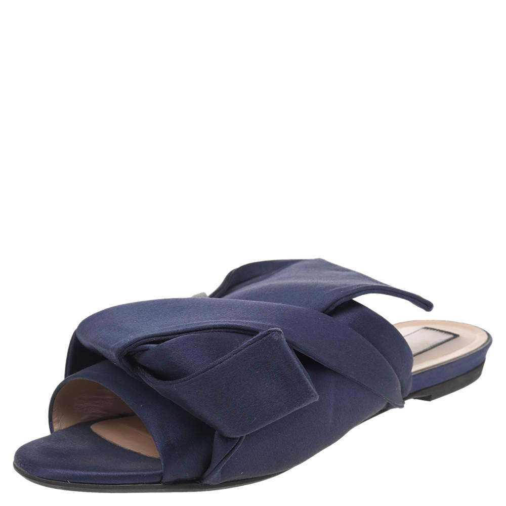 Pre Owned N21 Blue Satin Knot Flat Slides Size 38.5