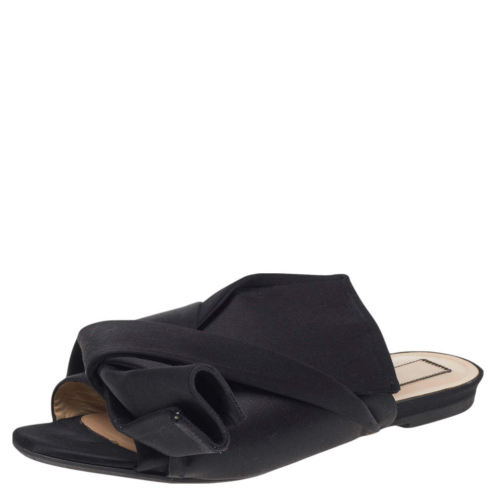 Pre Owned N21 Black Satin Knot Flat Sandals Size 39