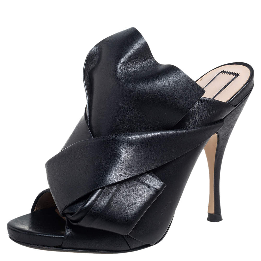 Pre Owned N°21 Burgundy Black Leather Ronny Pleated Mules Size 37