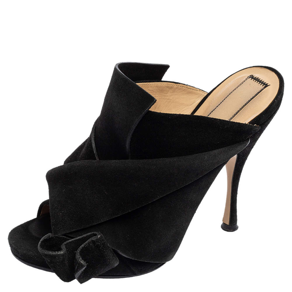 Pre Owned Nº21 Black Suede Raso Knot Peep Toe Mules Size 39