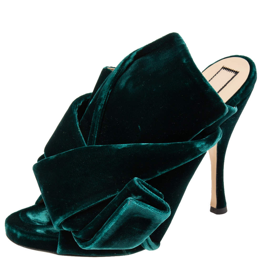Pre Owned N21 Dark Green Velvet Knot Mules Size 38