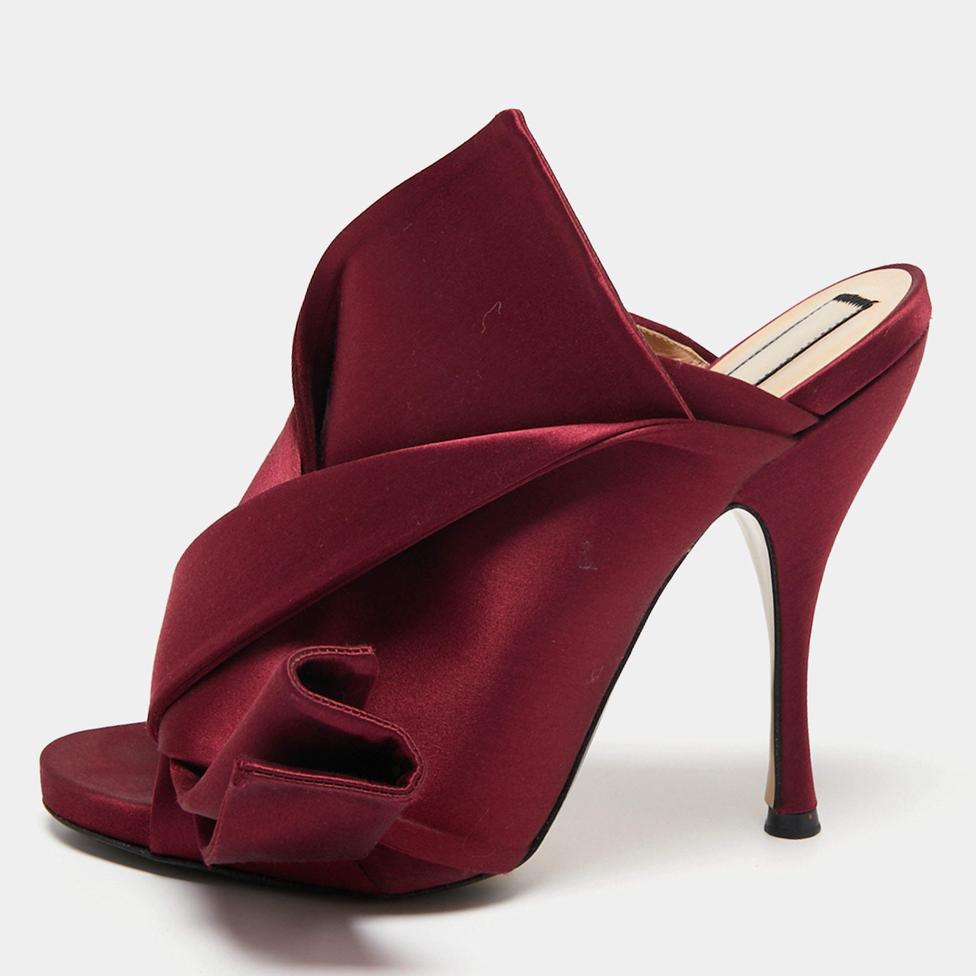 N°21 Burgundy Satin Ronny Pleated Mules Sandals Size 39