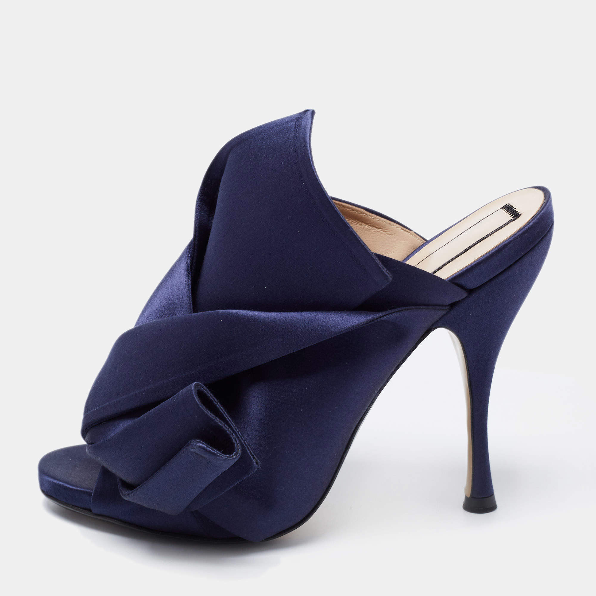 Pre Owned Nº21 Navy Blue Satin Raso Knot Peep Toe Mules Size 38 